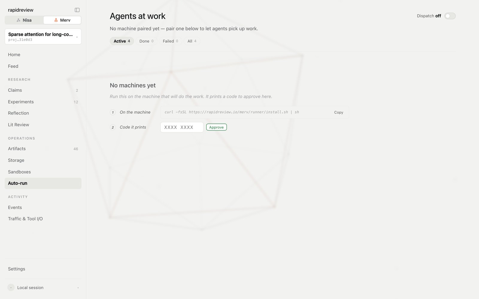 The Auto-run page: pair a machine, then machines with agent inventory and live sessions
