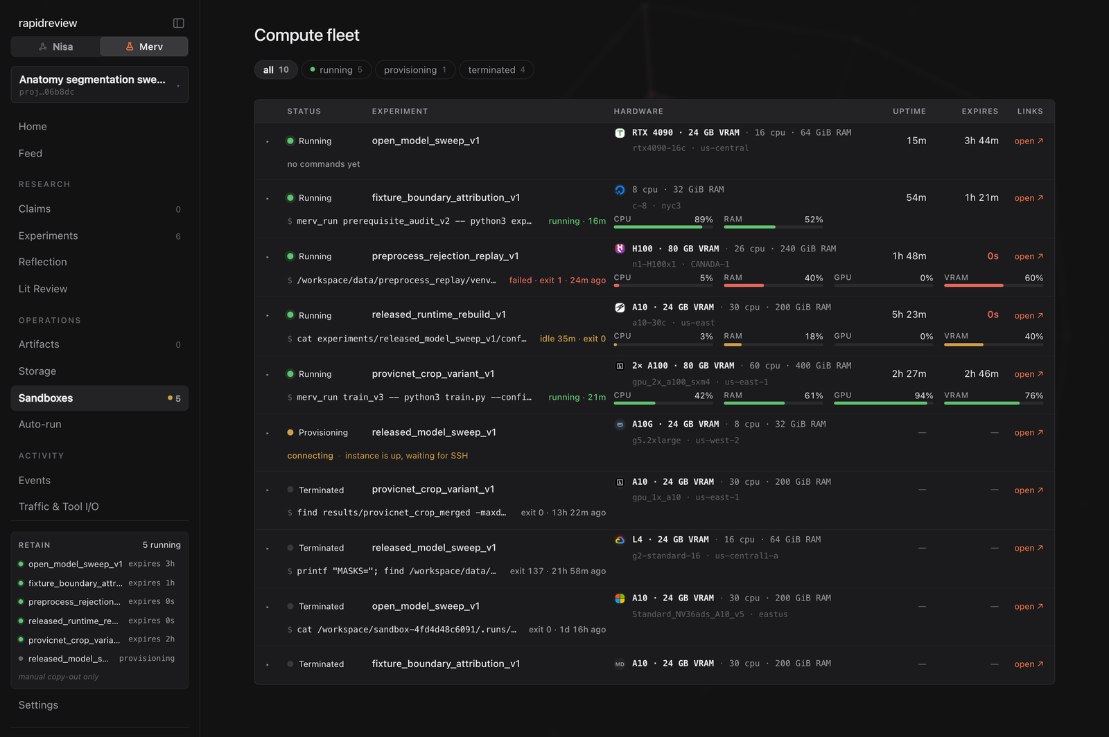 The Sandboxes page listing machines across running, provisioning, and terminated states with hardware, utilisation, uptime, and expiry