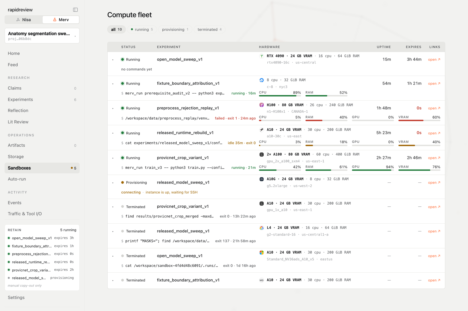 The Sandboxes page listing machines across running, provisioning, and terminated states with hardware, utilisation, uptime, and expiry