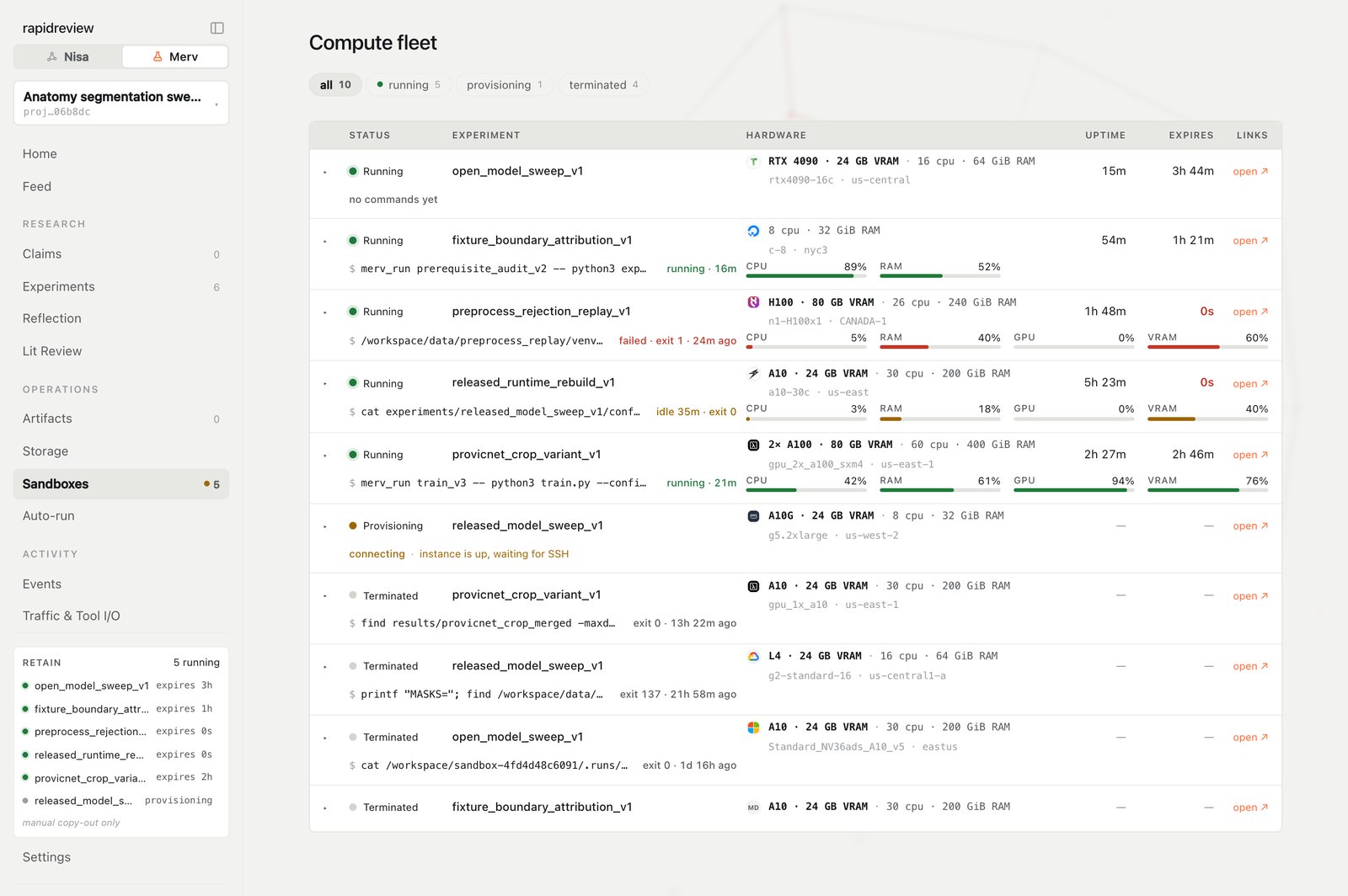 The Sandboxes page listing machines across running, provisioning, and terminated states with hardware, utilisation, uptime, and expiry