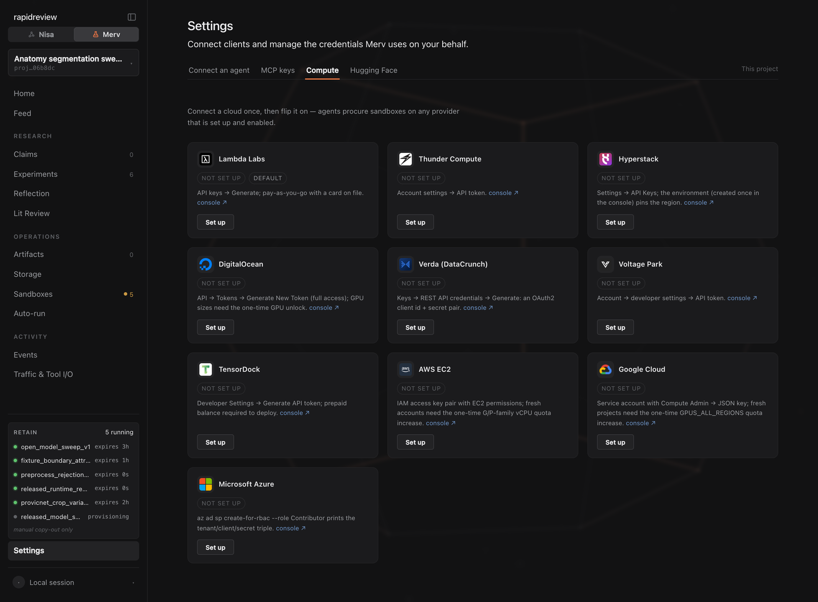 Settings → Compute: providers with credentials, verify, enable, and daily limit controls