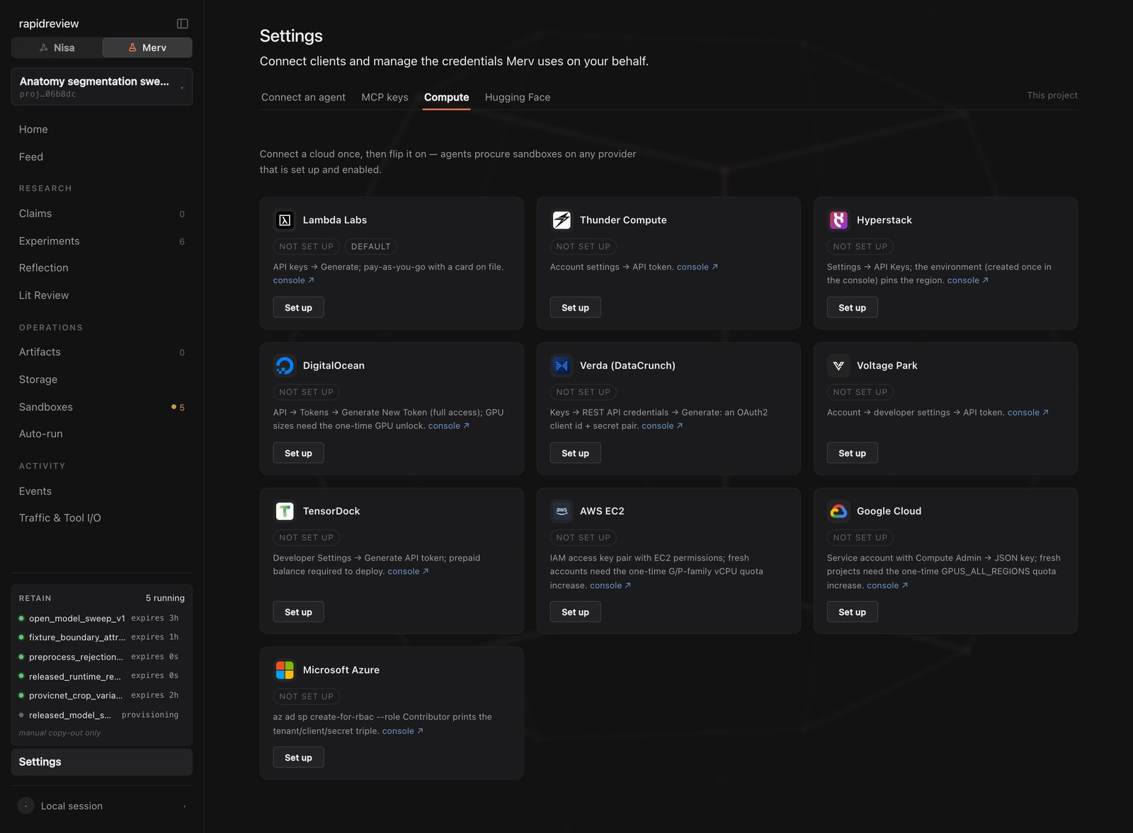 Settings → Compute: providers with credentials, verify, enable, and daily limit controls
