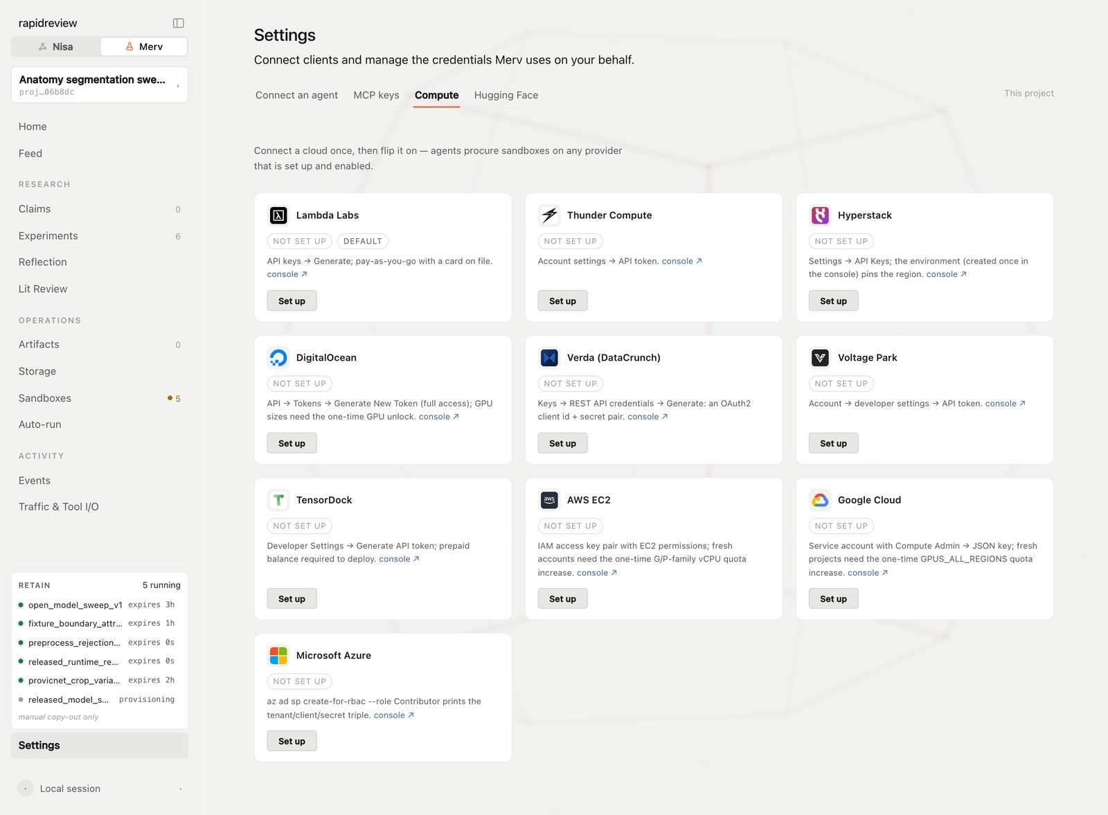 Settings → Compute: providers with credentials, verify, enable, and daily limit controls