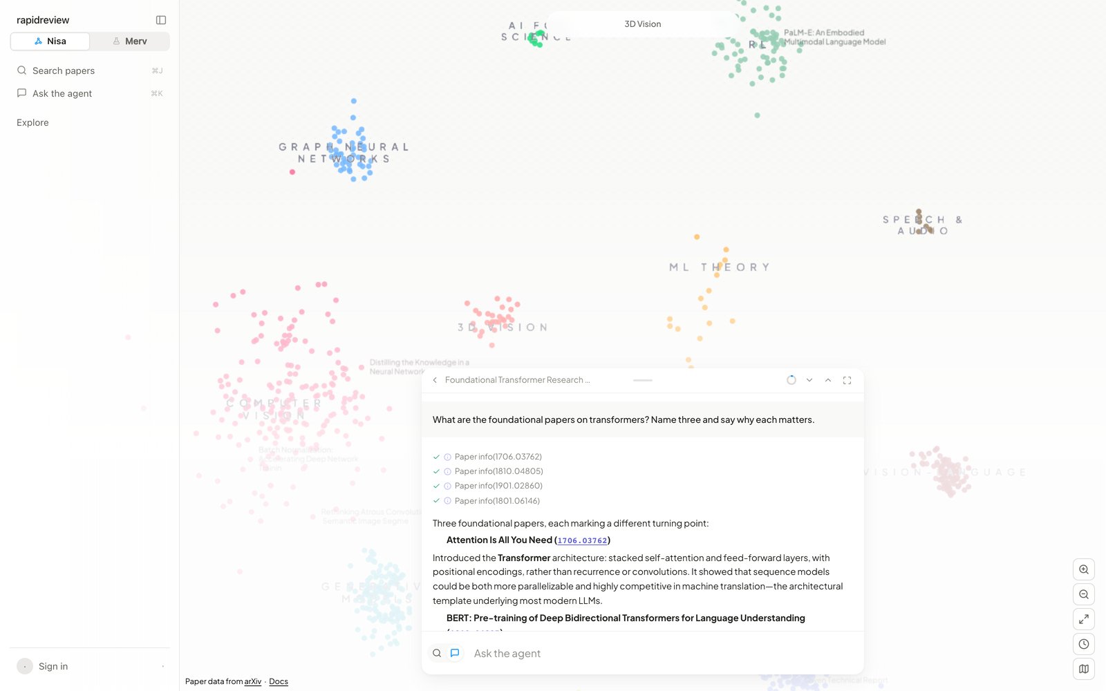 The chat panel over the map: a question about foundational transformer papers, four Paper info tool calls, and the agent's answer