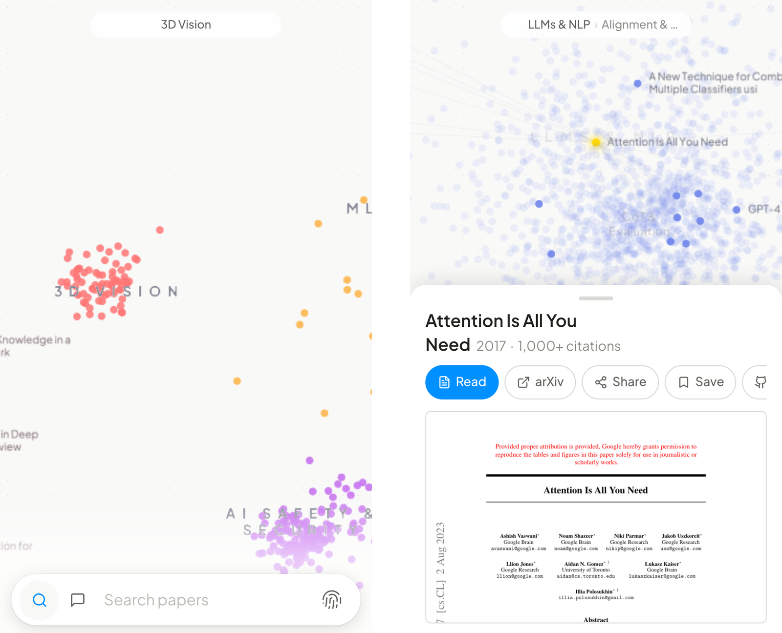 Two phone screens: the map with the bottom bar, and a paper opened in a bottom sheet with Read, arXiv, Share, Save actions
