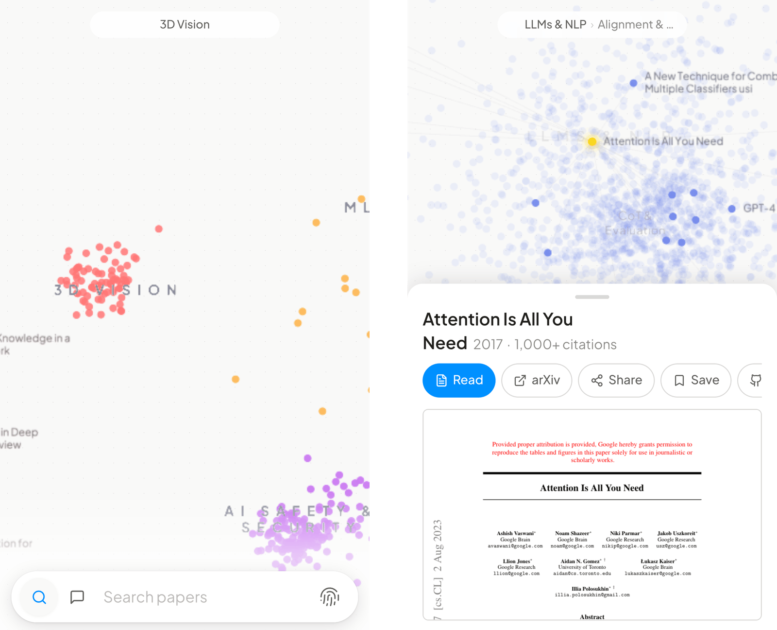 Two phone screens: the map with the bottom bar, and a paper opened in a bottom sheet with Read, arXiv, Share, Save actions