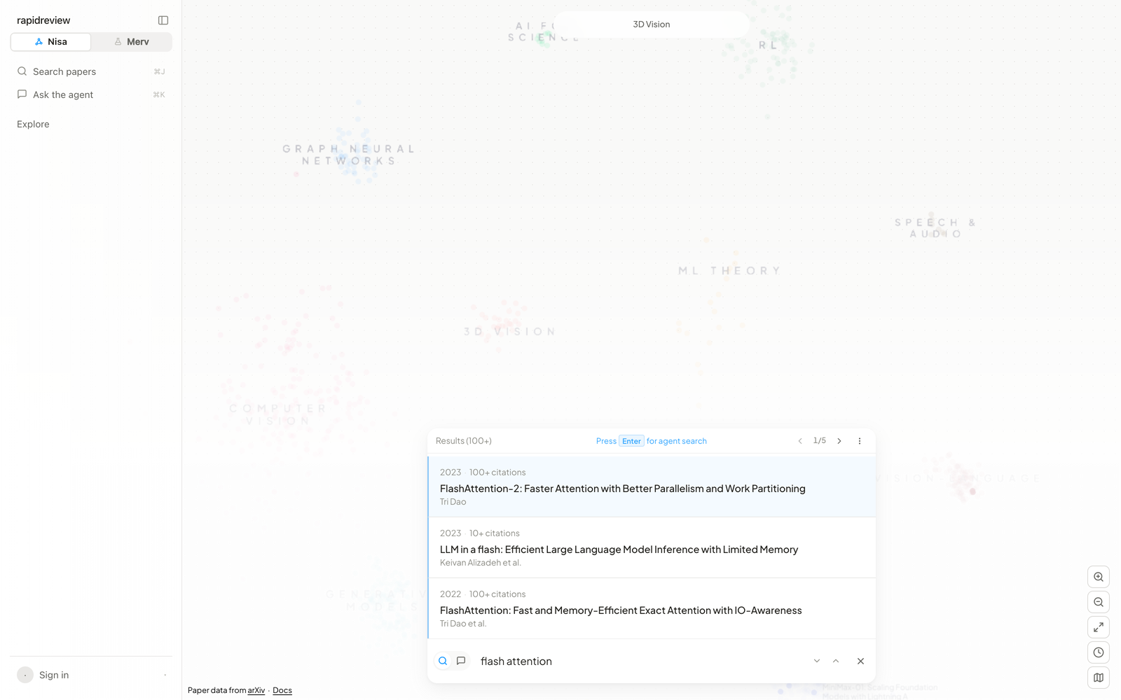 Search results for 'flash attention' above the bottom bar, with 'Press Enter for agent search' and matching papers highlighted on the map