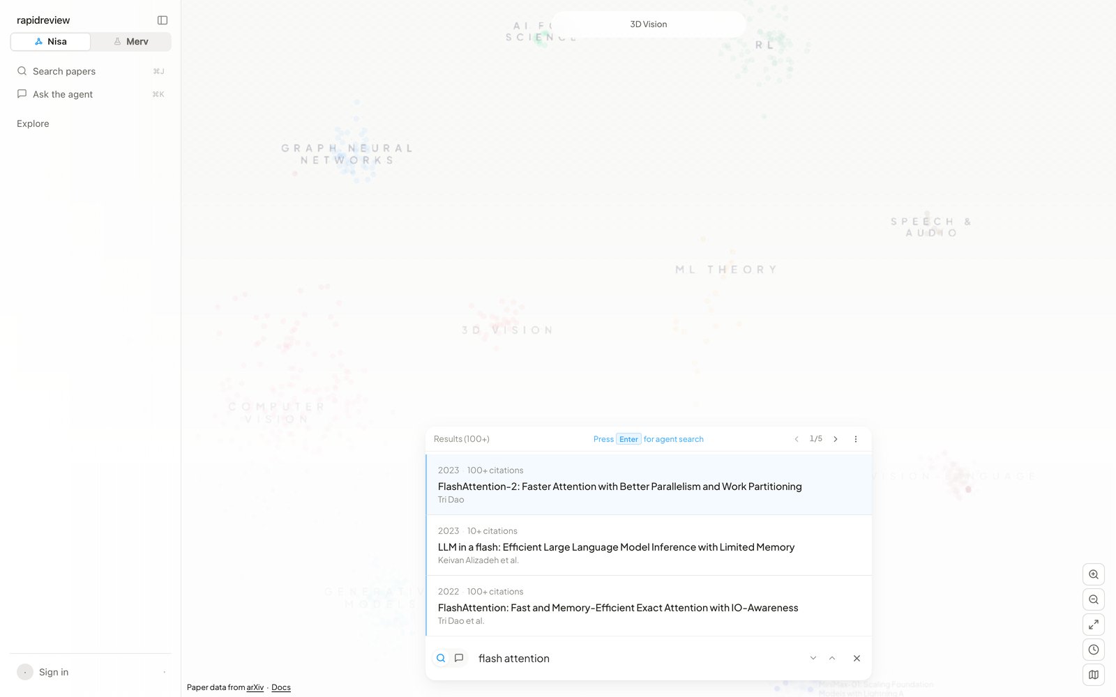 Search results for 'flash attention' above the bottom bar, with 'Press Enter for agent search' and matching papers highlighted on the map