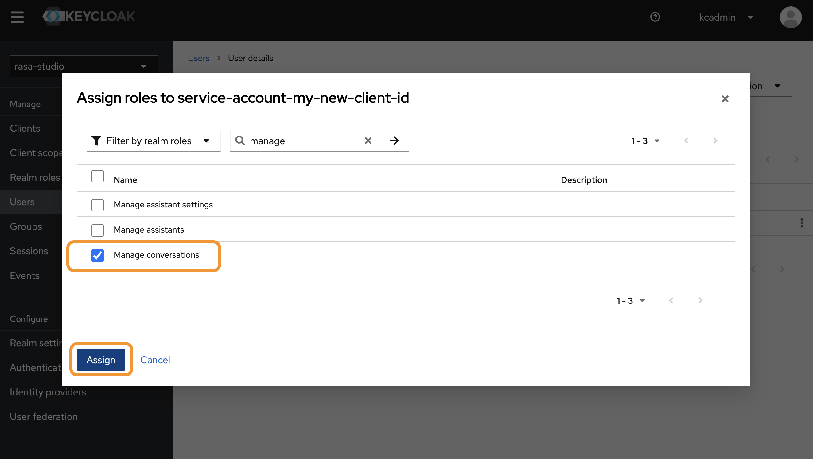 Assigning a role to the Keycloak service account