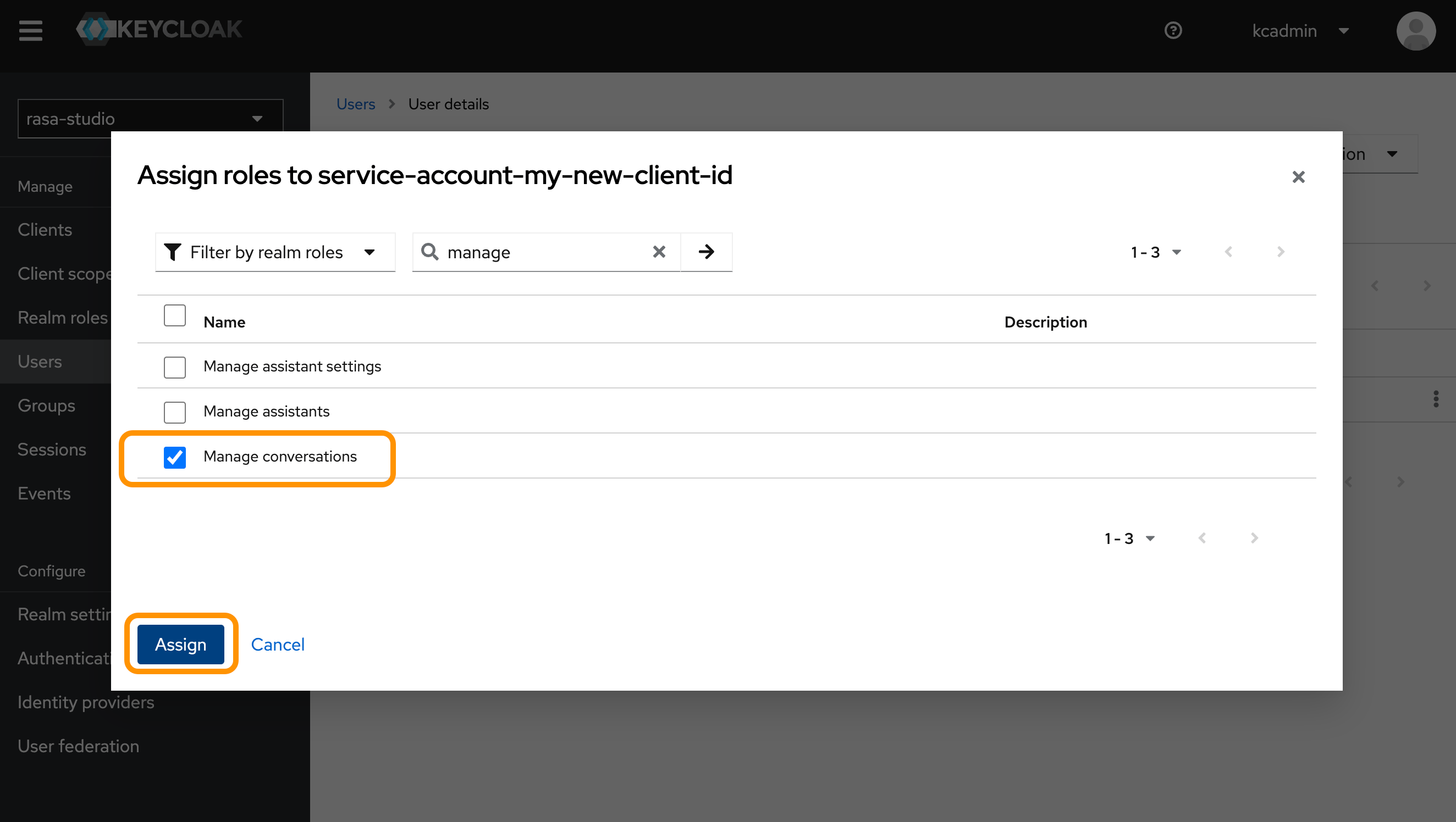 Assigning a role to the Keycloak service account