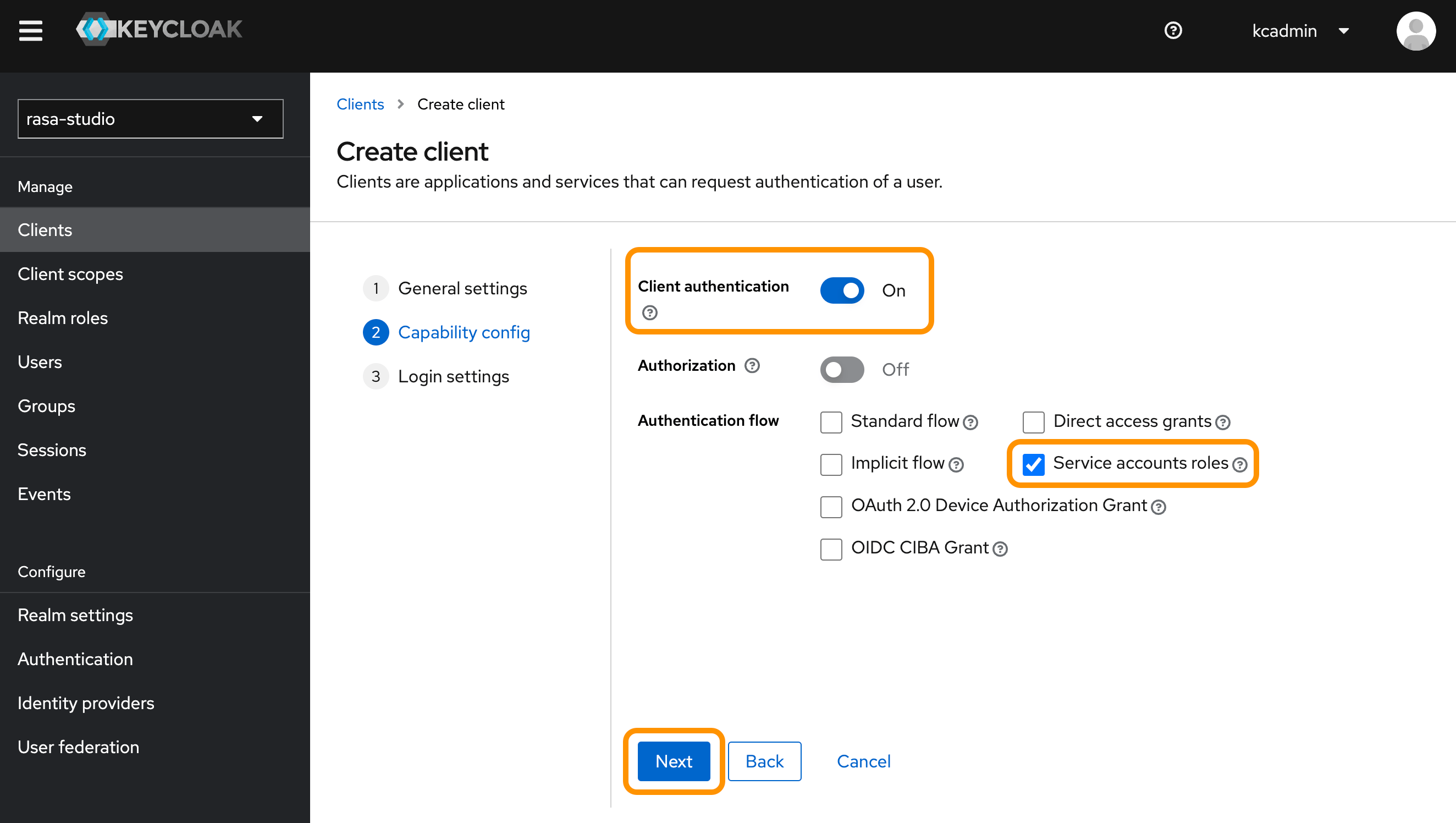 Configuring Keycloak client authentication and service account roles