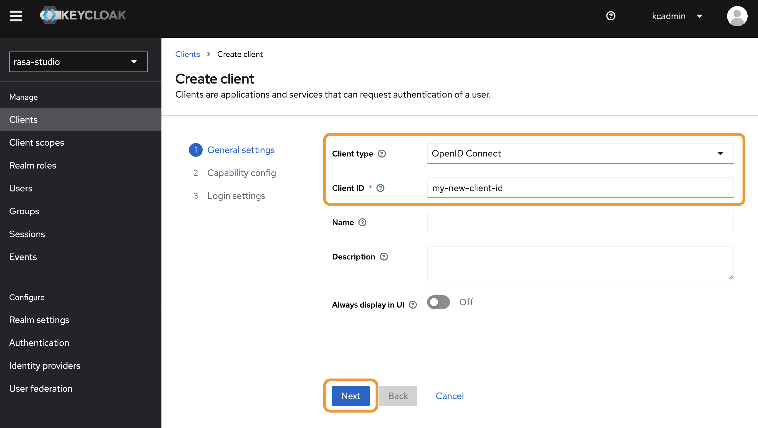 Selecting OpenID Connect as the Keycloak client type