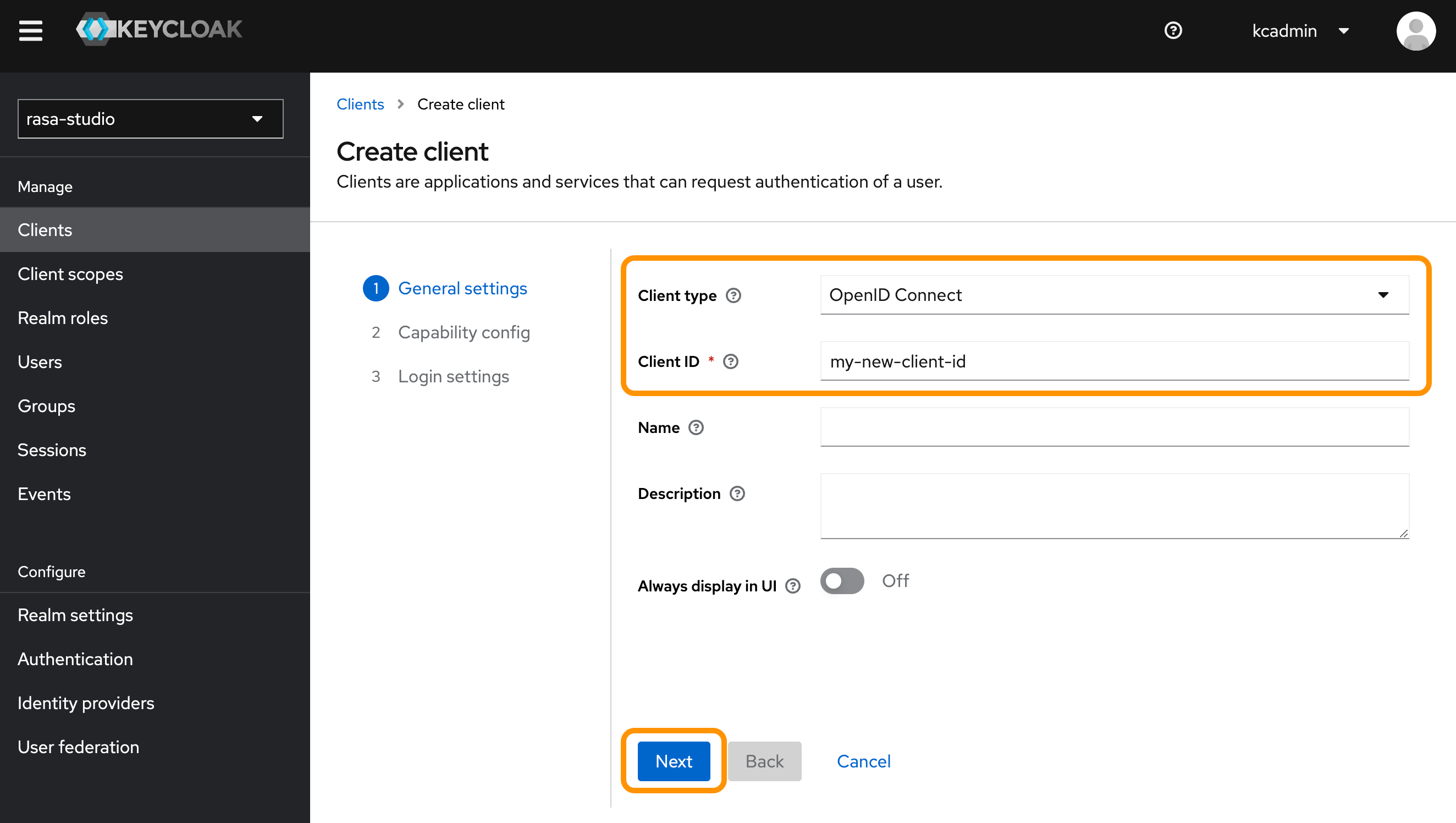 Selecting OpenID Connect as the Keycloak client type