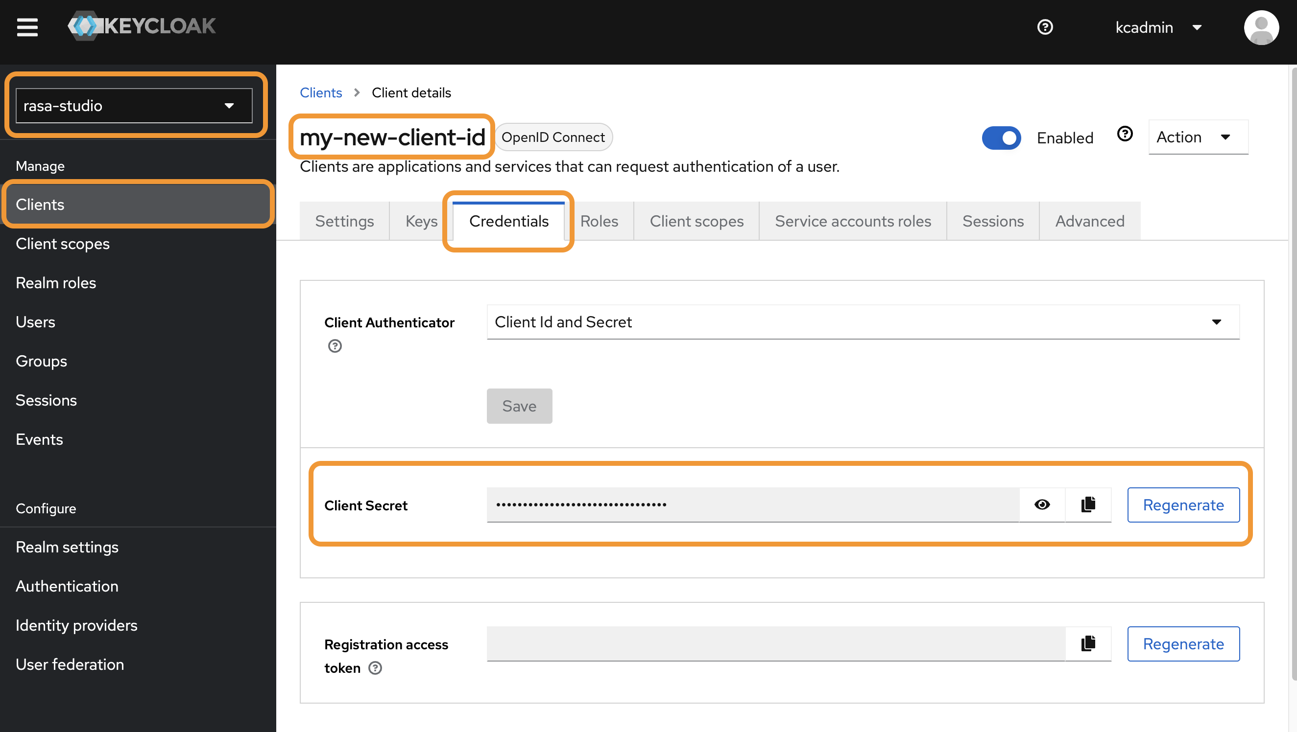 Keycloak client ID and client secret fields