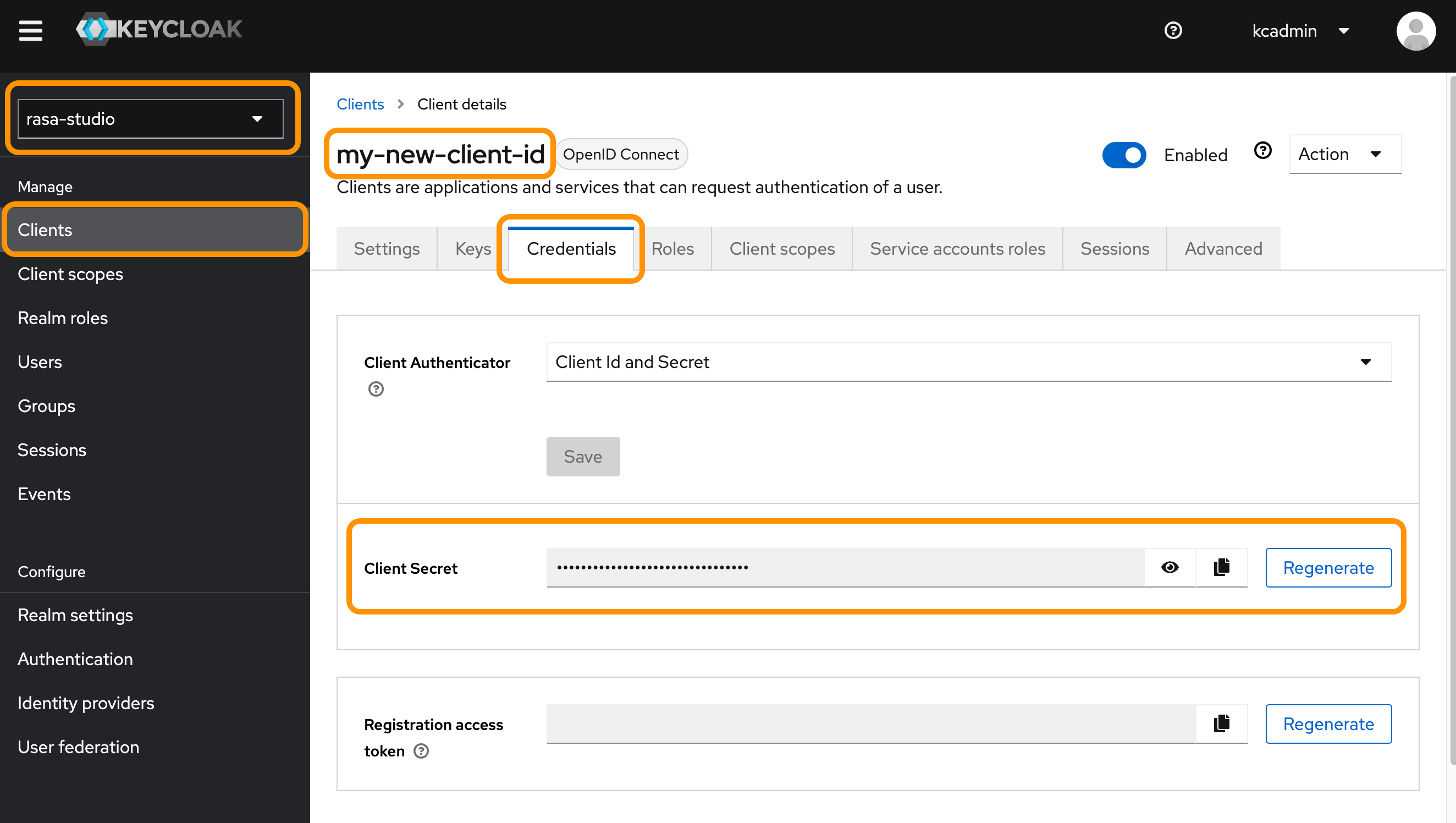 Keycloak client ID and client secret fields