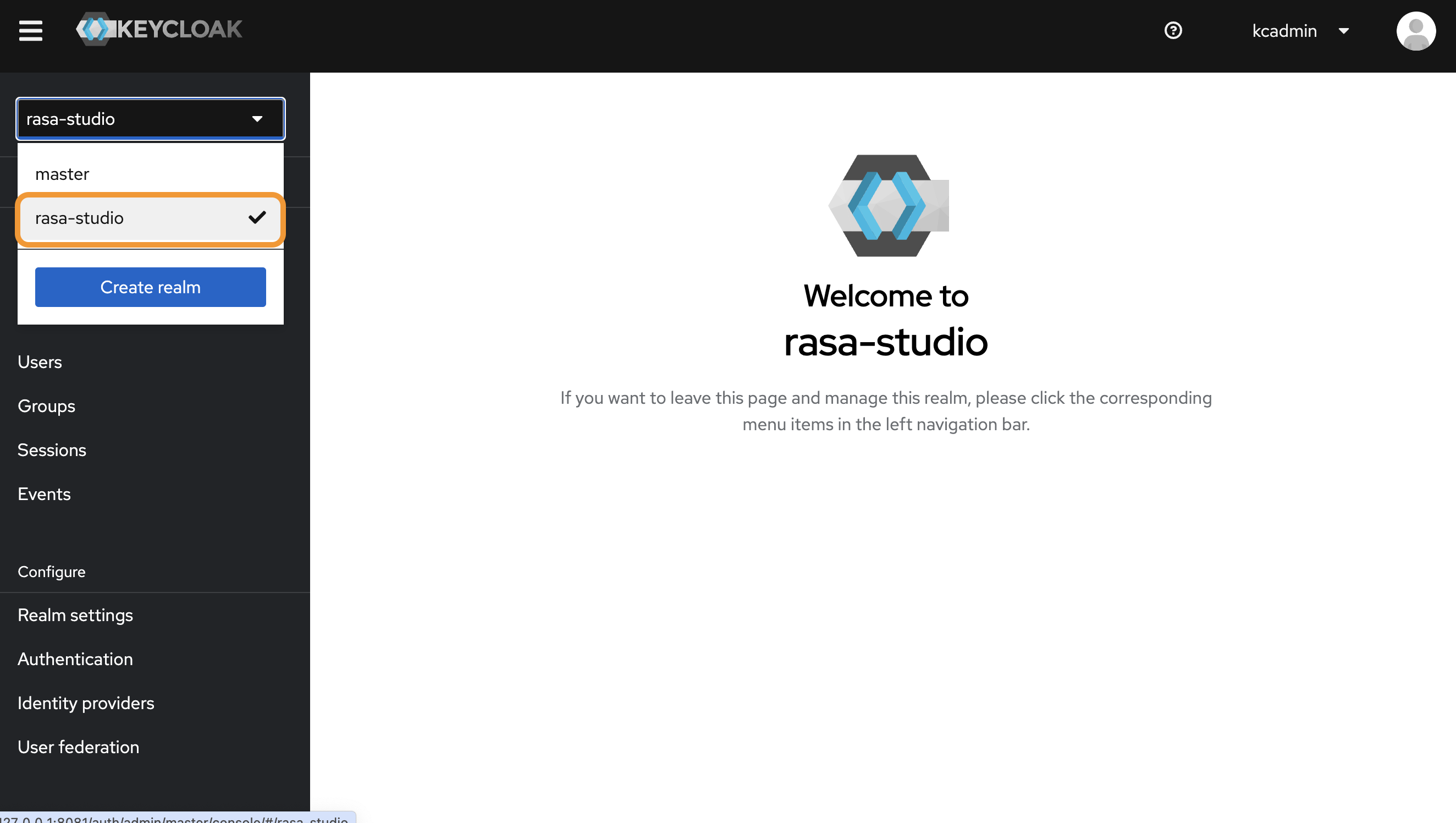 Rasa Studio realm selected in Keycloak