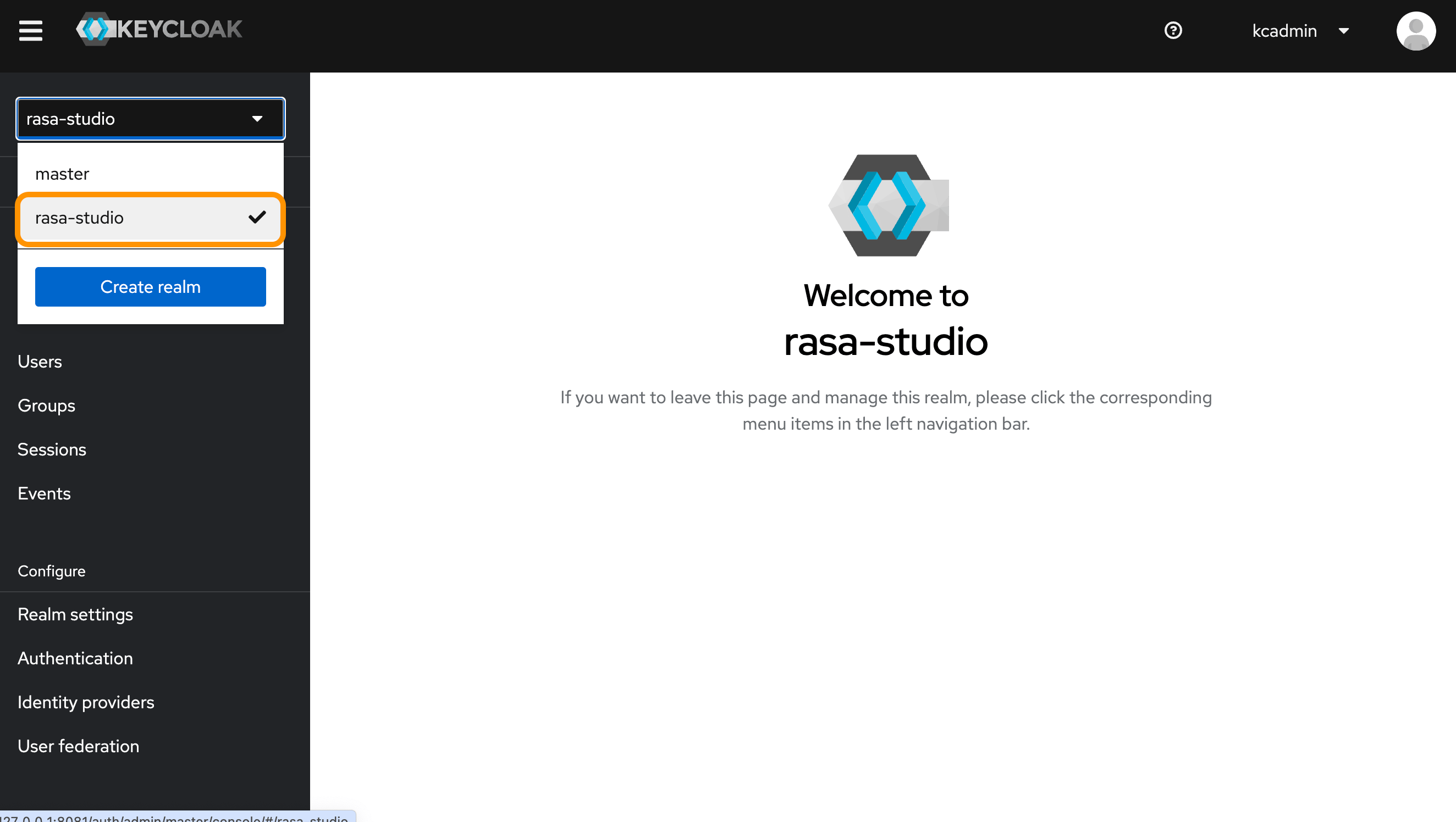 Rasa Studio realm selected in Keycloak