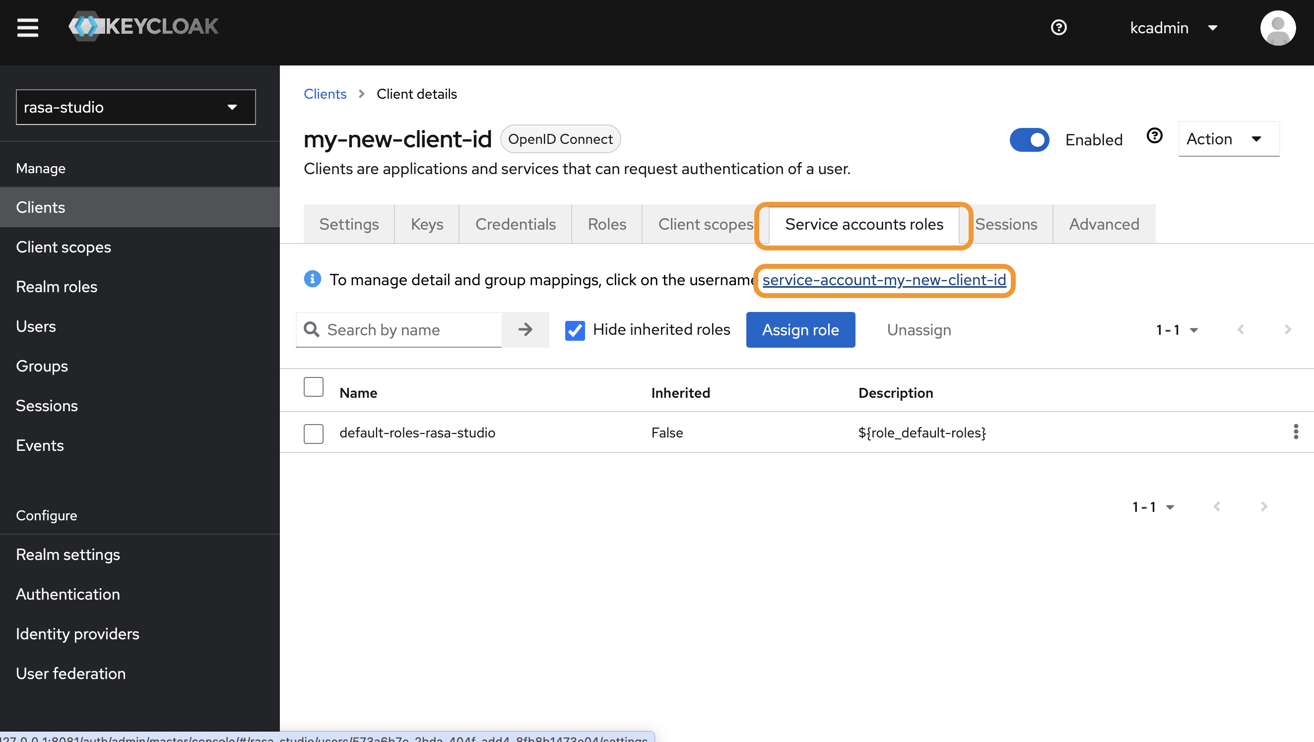 Opening the Keycloak service account roles