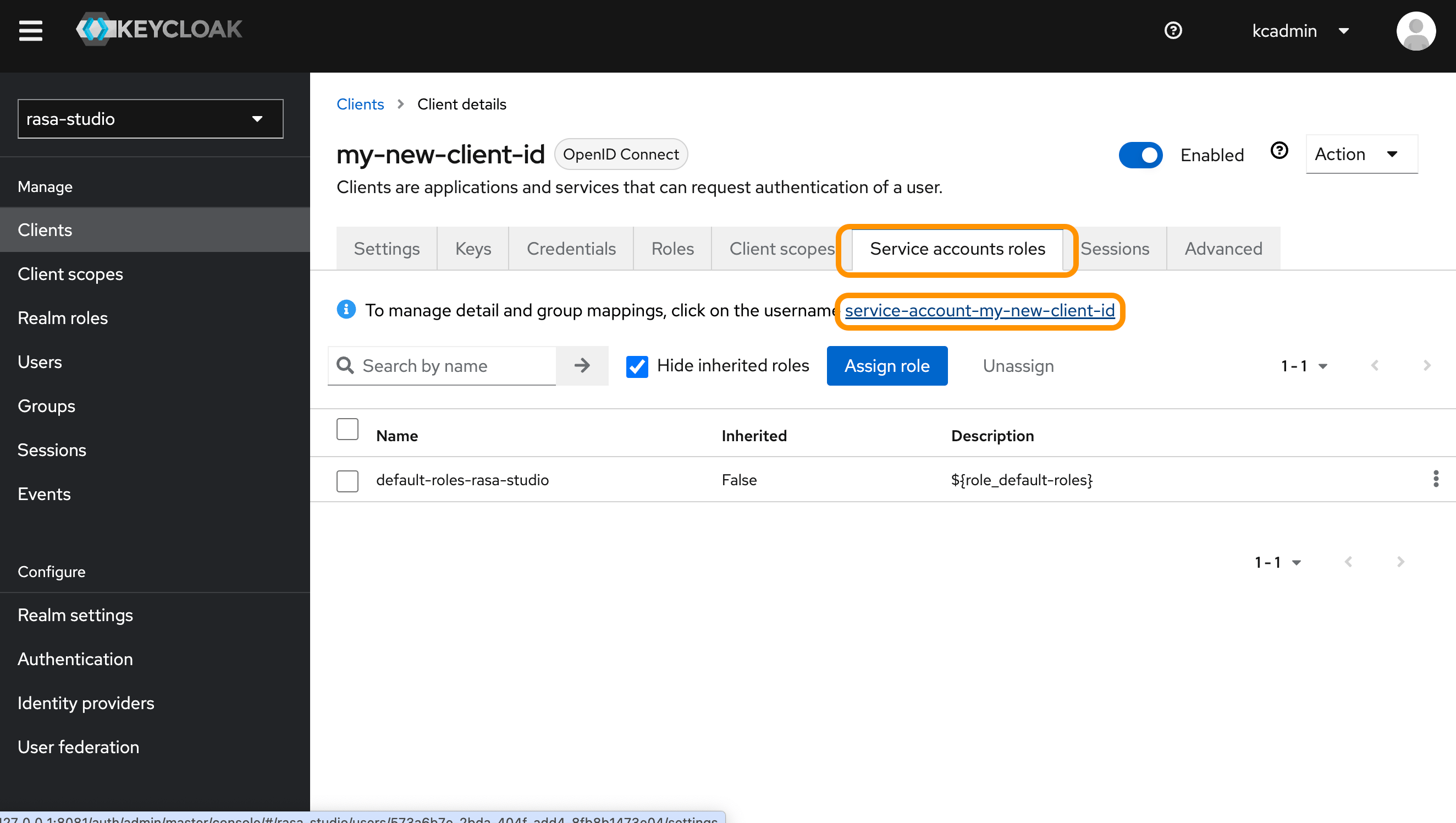 Opening the Keycloak service account roles