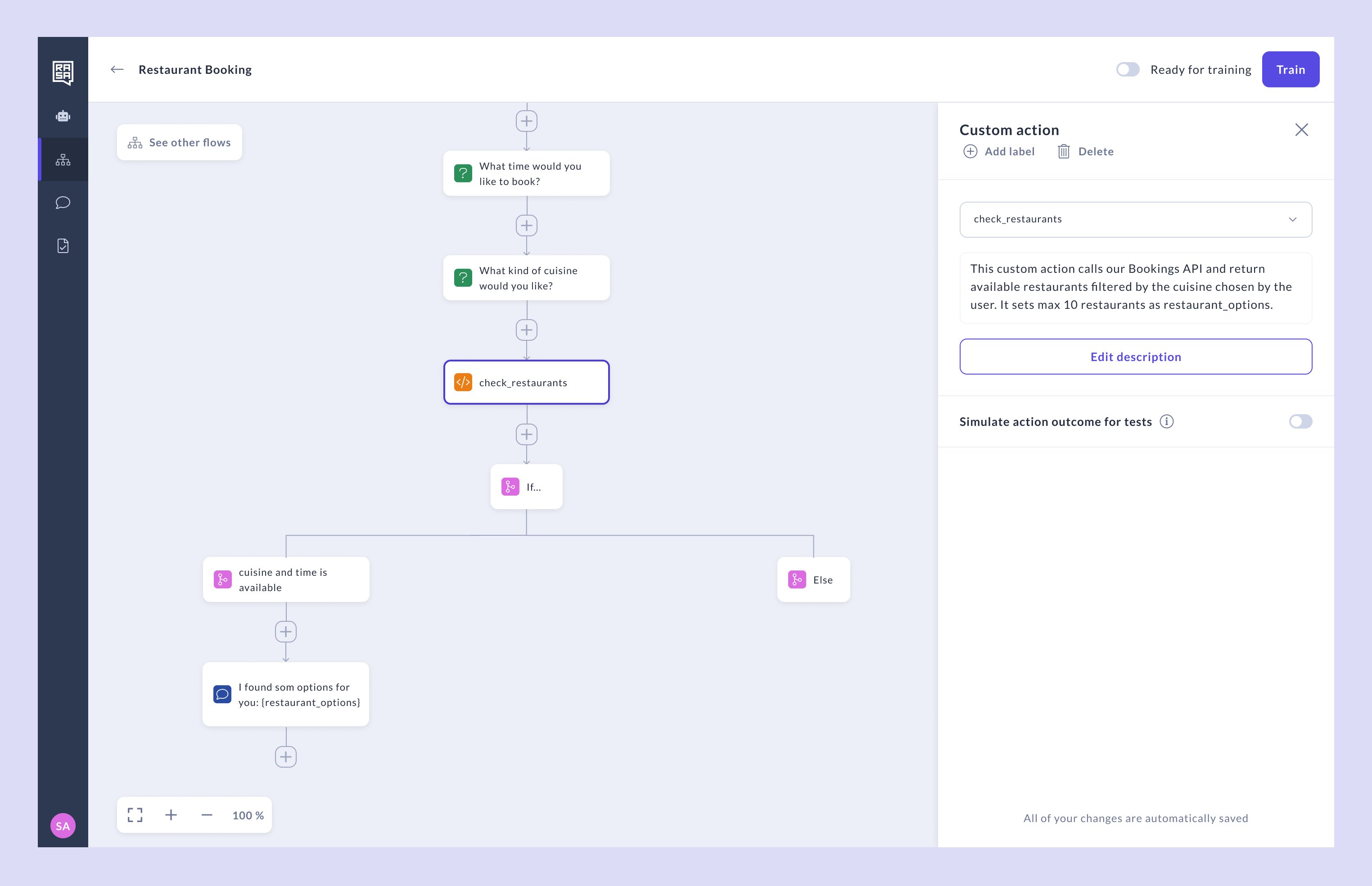 Action that checks restaurant availability in flow builder