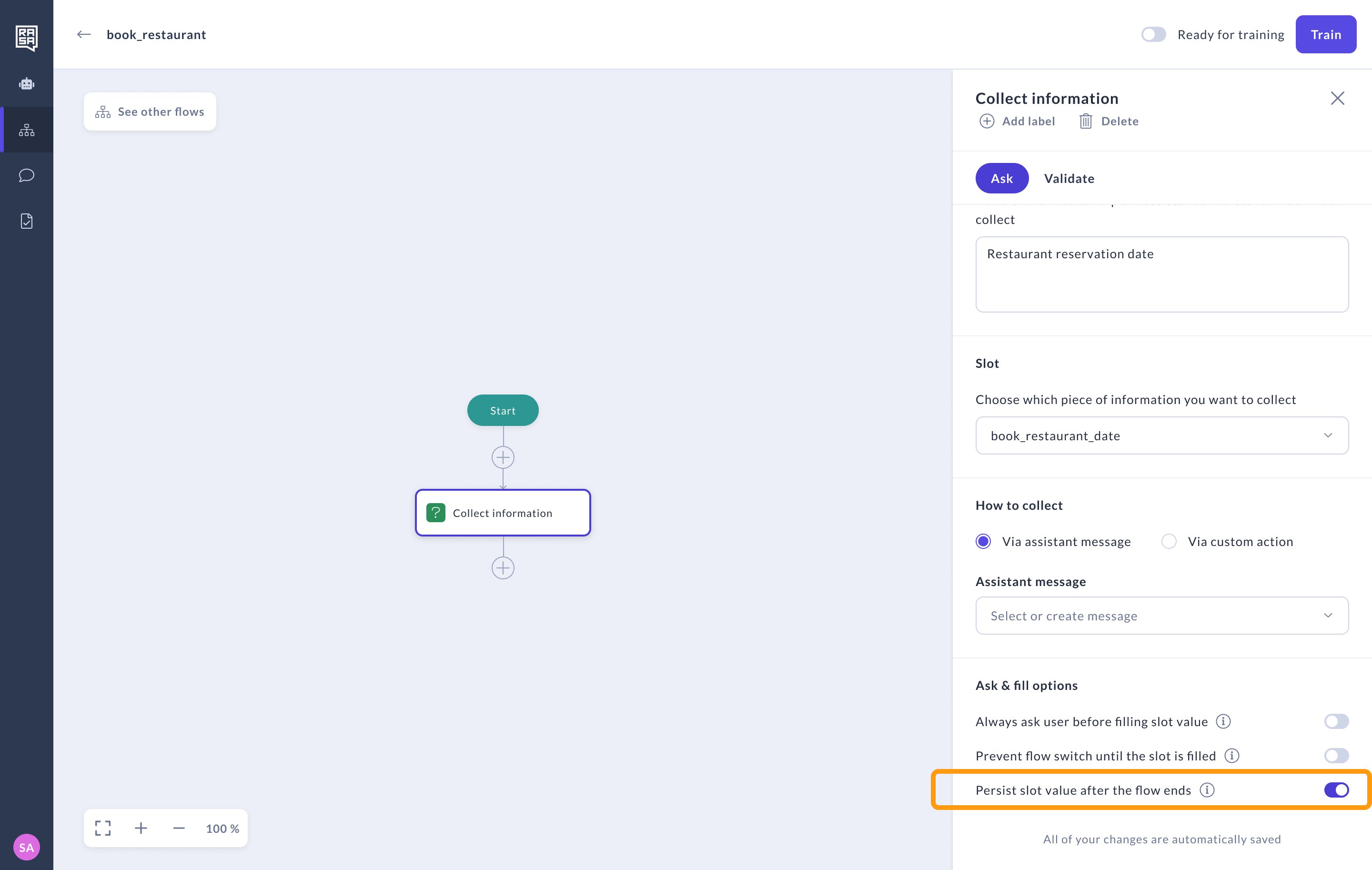Toggle on the persist slot value feature