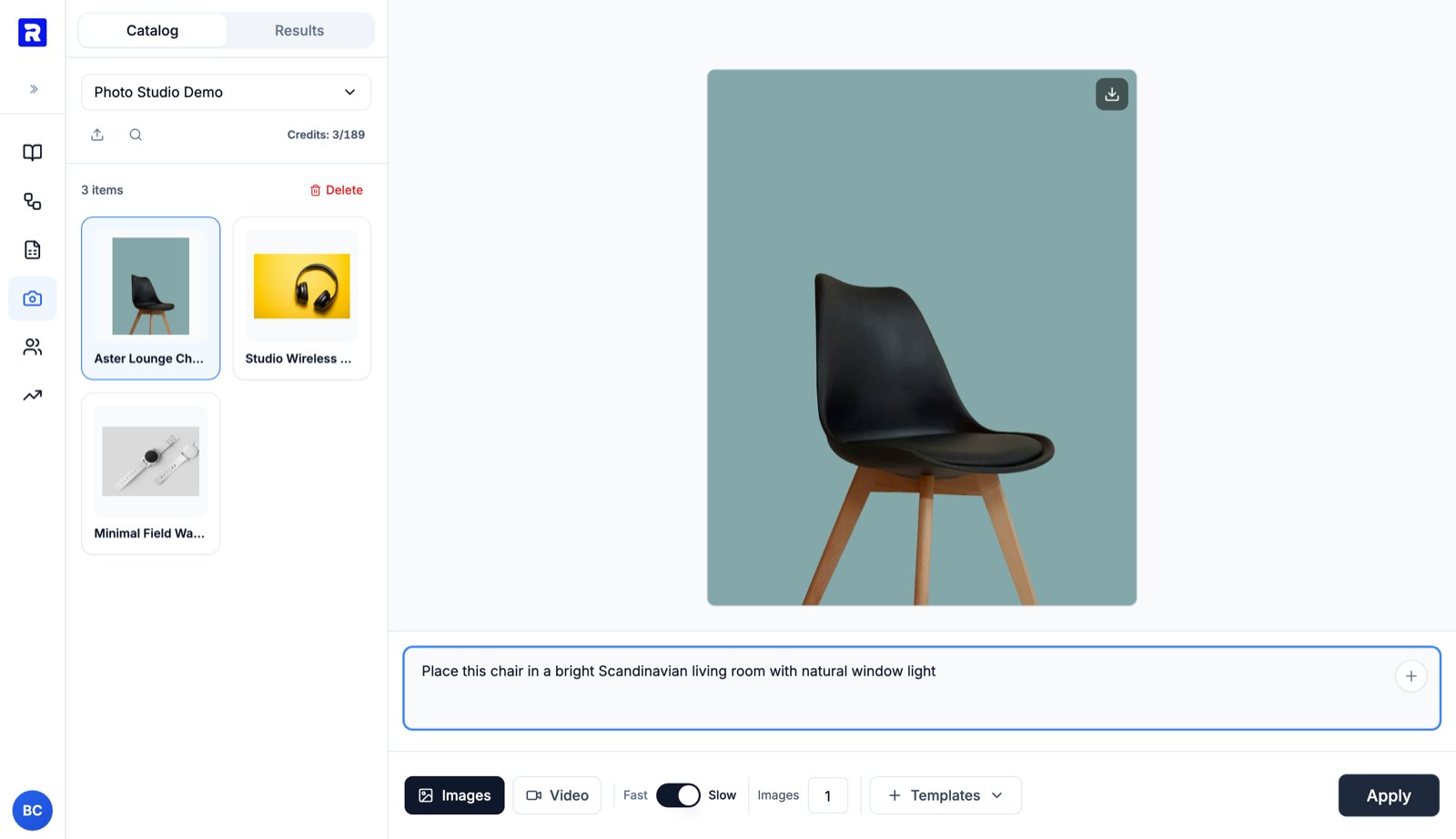 Photo Studio with a product selected on the canvas and an edit prompt typed into the prompt box