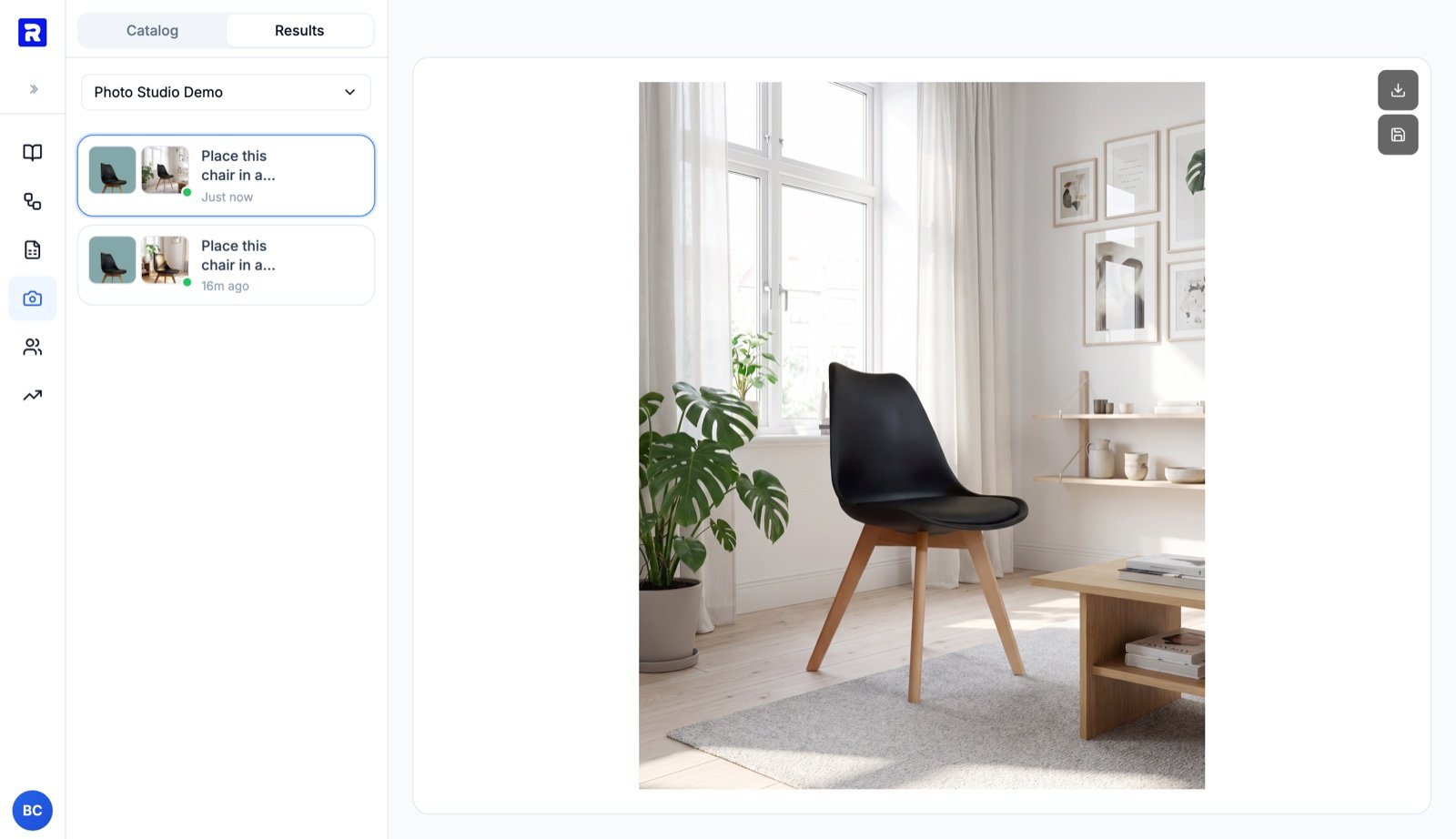 Completed Photo Studio result showing the product composited into a new scene, with download and save buttons