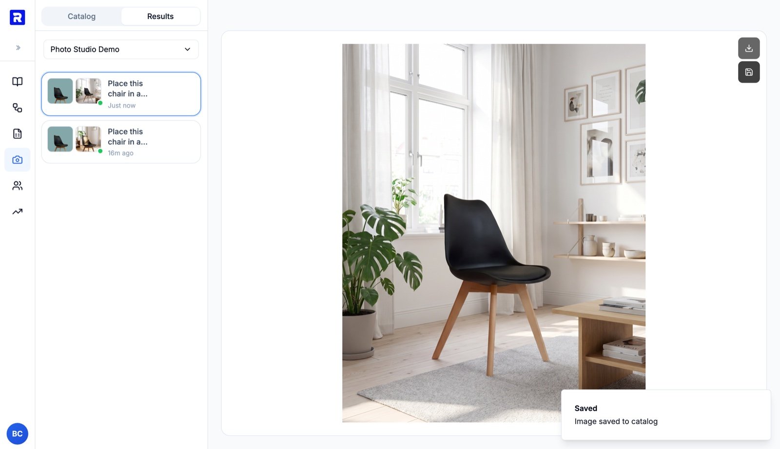 Photo Studio confirming the image was saved to the catalog with a toast notification