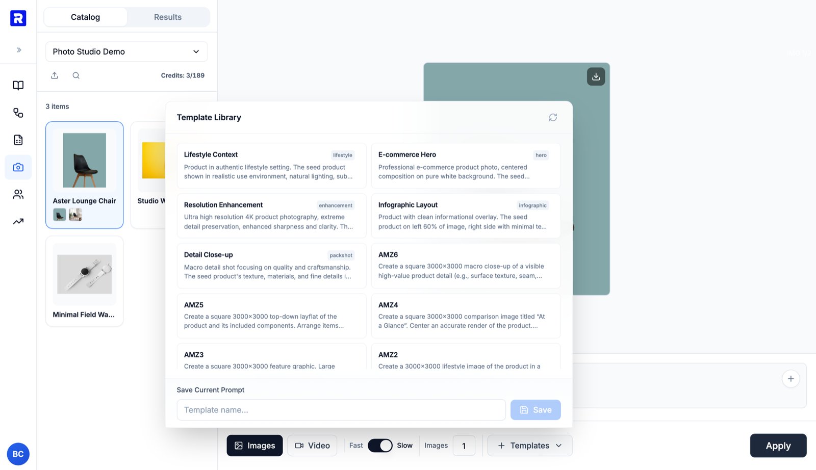Photo Studio Template Library popover showing built-in prompt templates and the Save Current Prompt field