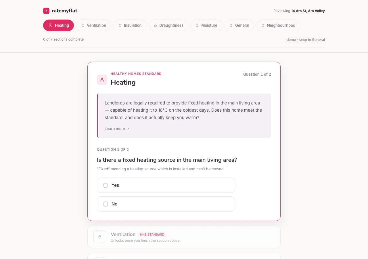 The ratemyflat review form showing the seven-section stepper, with Heating active and the first question visible