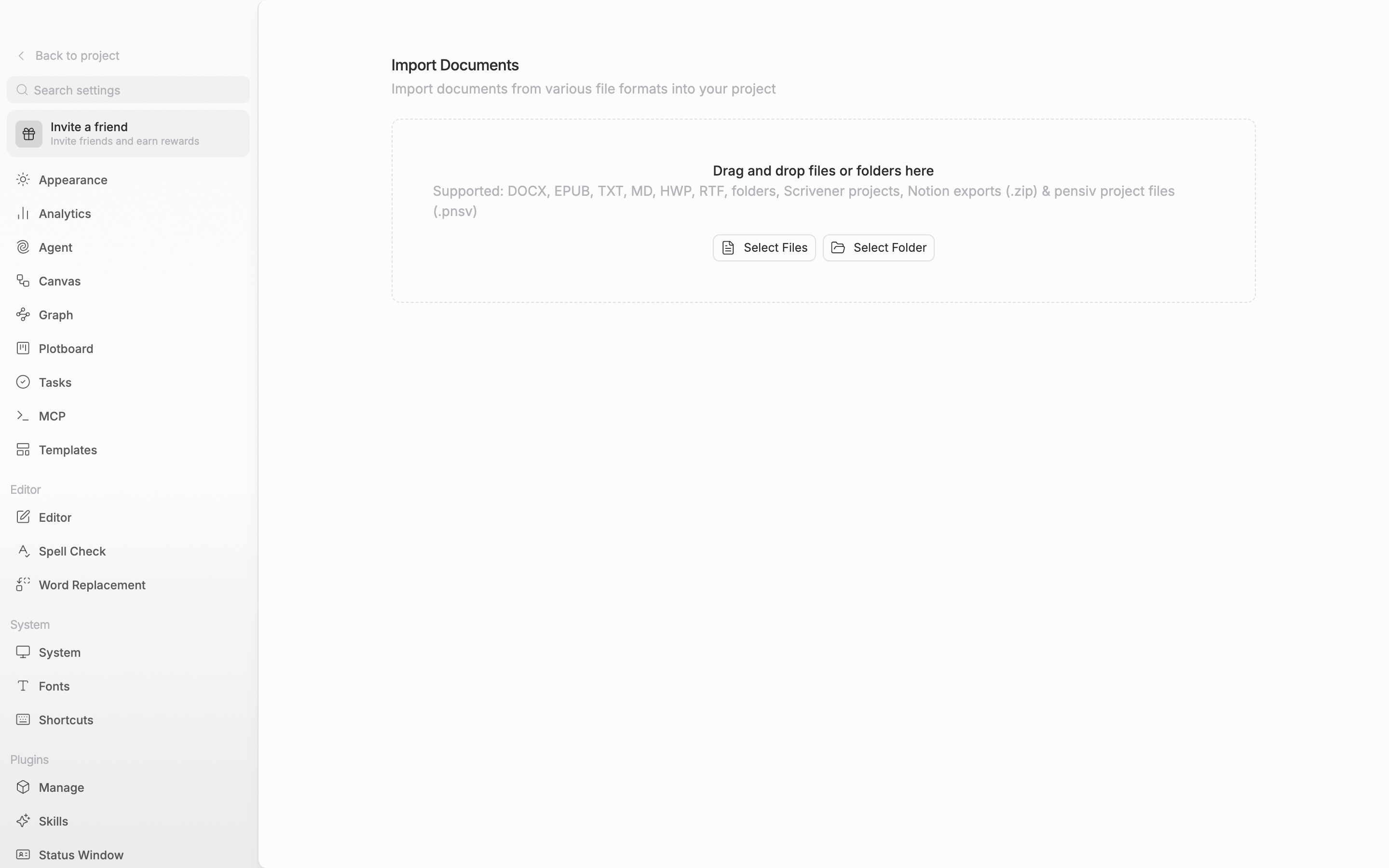 The Import Documents screen is open, and the dashed box in the middle shows the prompt, the supported-formats line, and the Select Files and Select Folder buttons. Nothing has been imported yet.