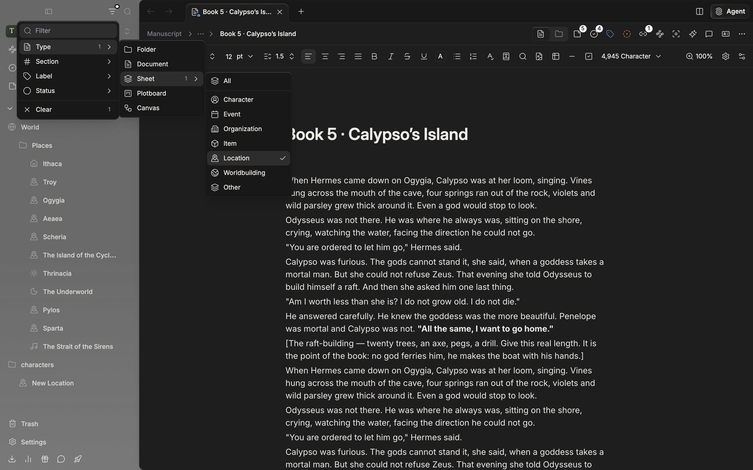 The filter menu opened from the funnel icon at the top of the sidebar. The Type ▸ Sheet submenu is open and Location is checked.