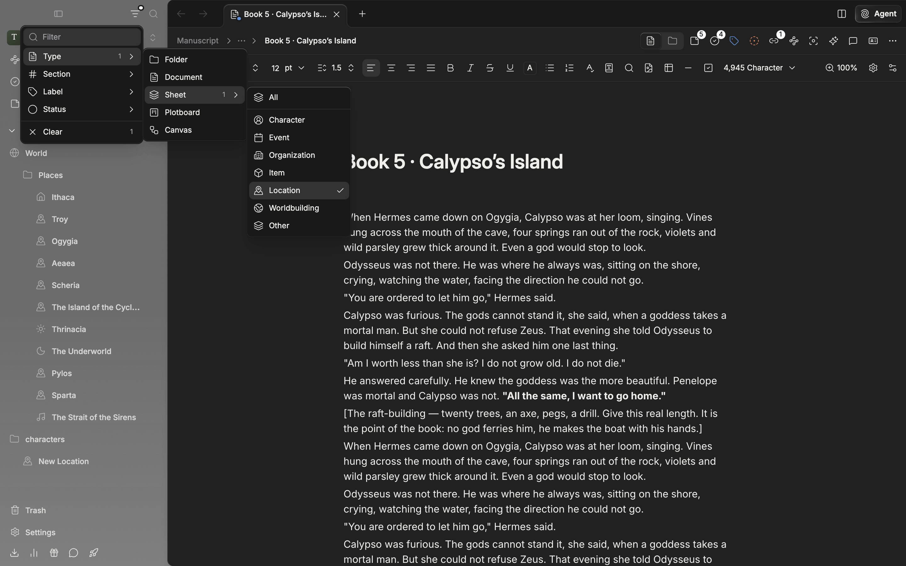 The filter menu opened from the funnel icon at the top of the sidebar. The Type ▸ Sheet submenu is open and Location is checked.