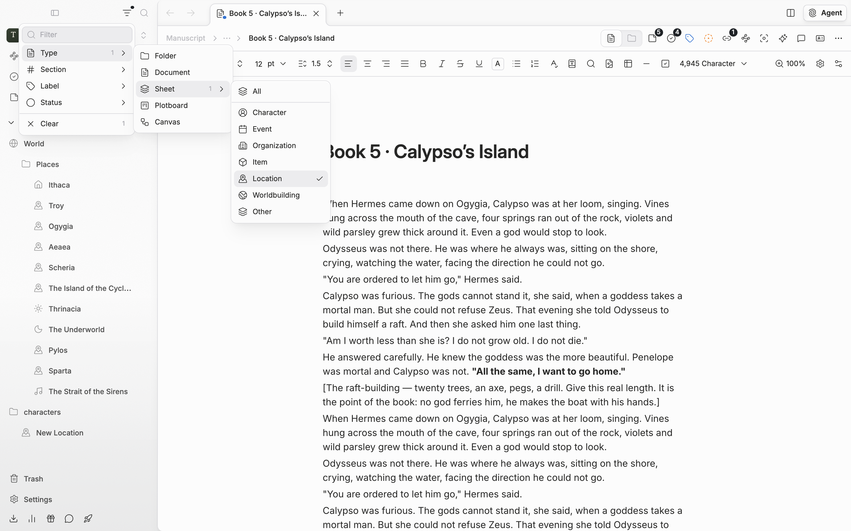 The filter menu opened from the funnel icon at the top of the sidebar. The Type ▸ Sheet submenu is open and Location is checked.