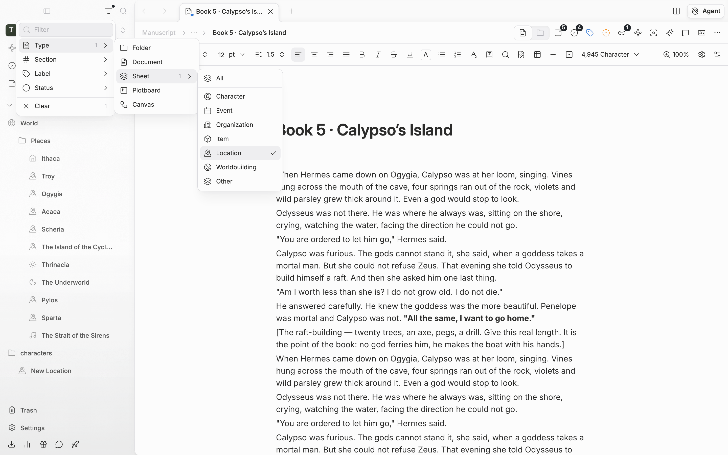 The filter menu opened from the funnel icon at the top of the sidebar. The Type ▸ Sheet submenu is open and Location is checked.