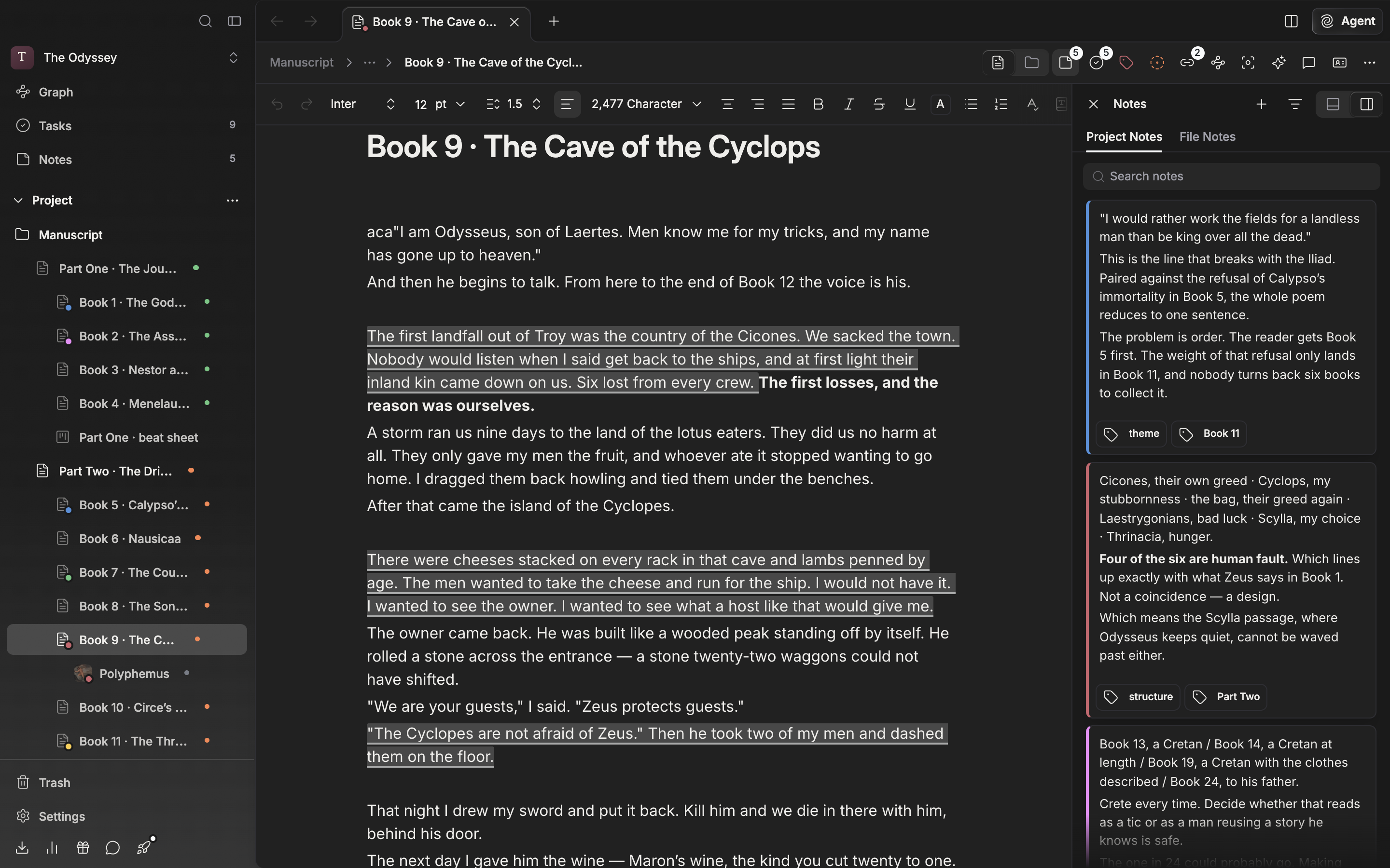 The Notes panel open to the right of a document with the File Notes tab selected. Two or three lines are written in the note.