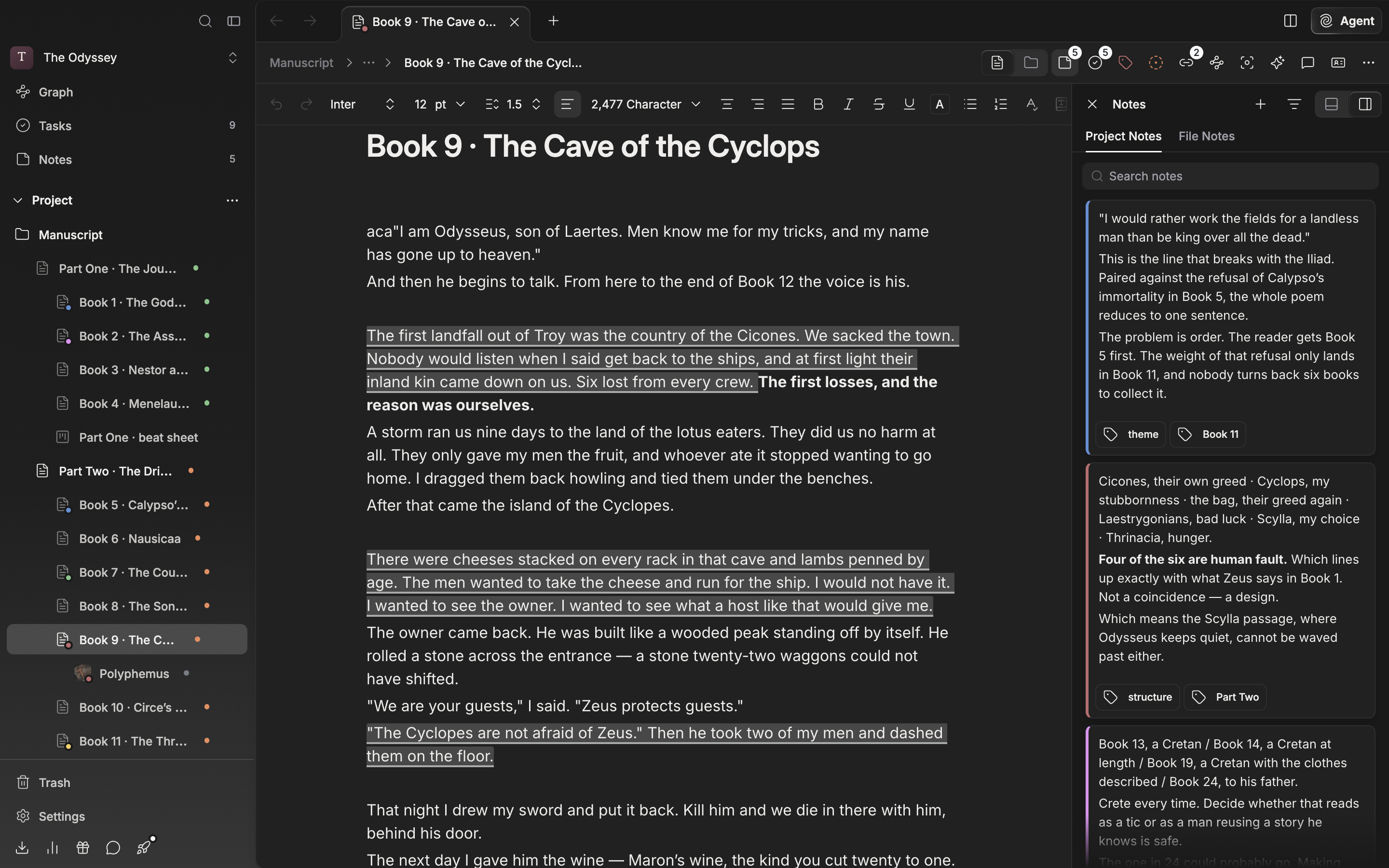 The Project Notes tab selected with four or five note cards in different colors stacked up. The filter dropdown is open, showing All, Color, and Tags.