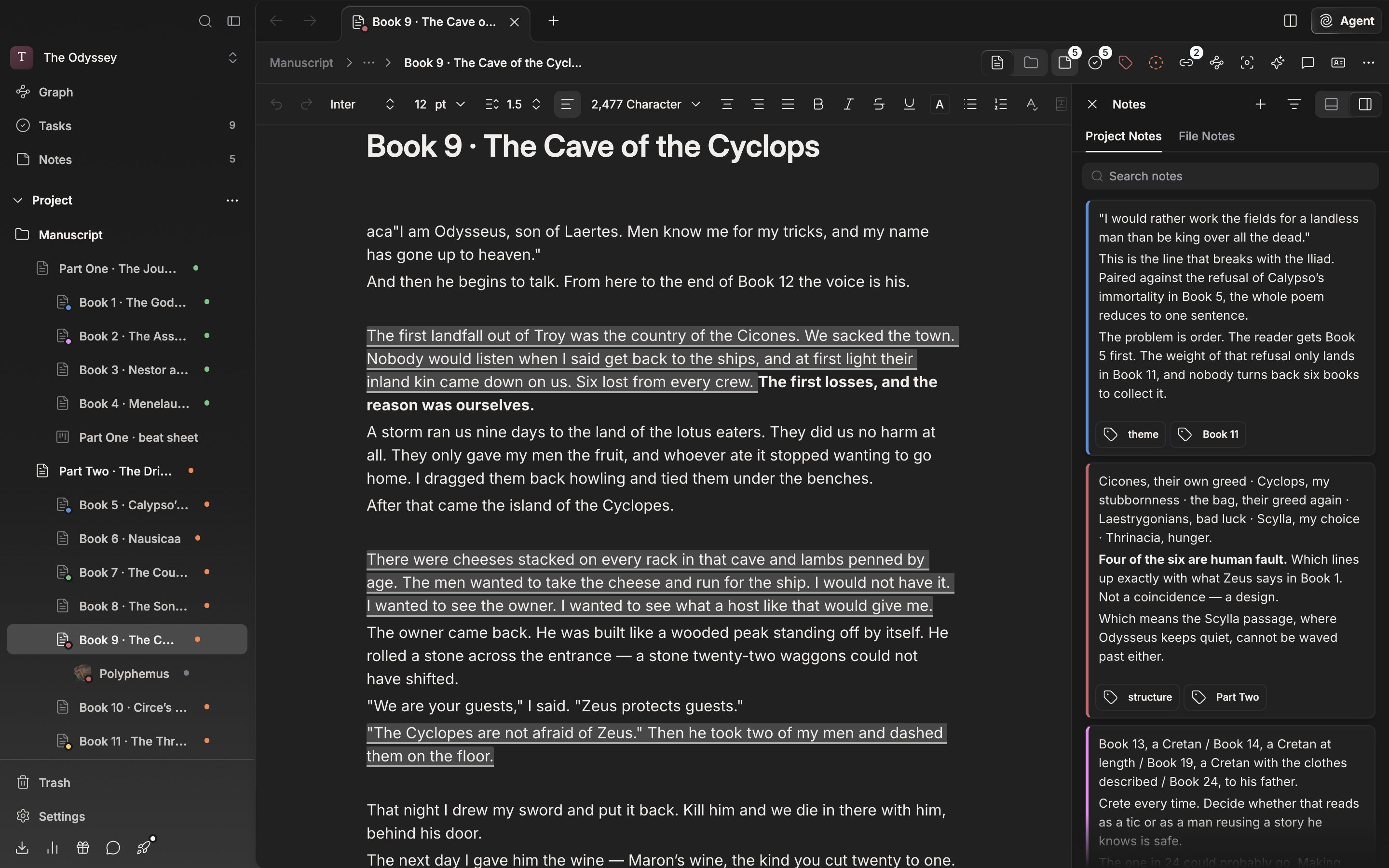 The Project Notes tab selected with four or five note cards in different colors stacked up. The filter dropdown is open, showing All, Color, and Tags.