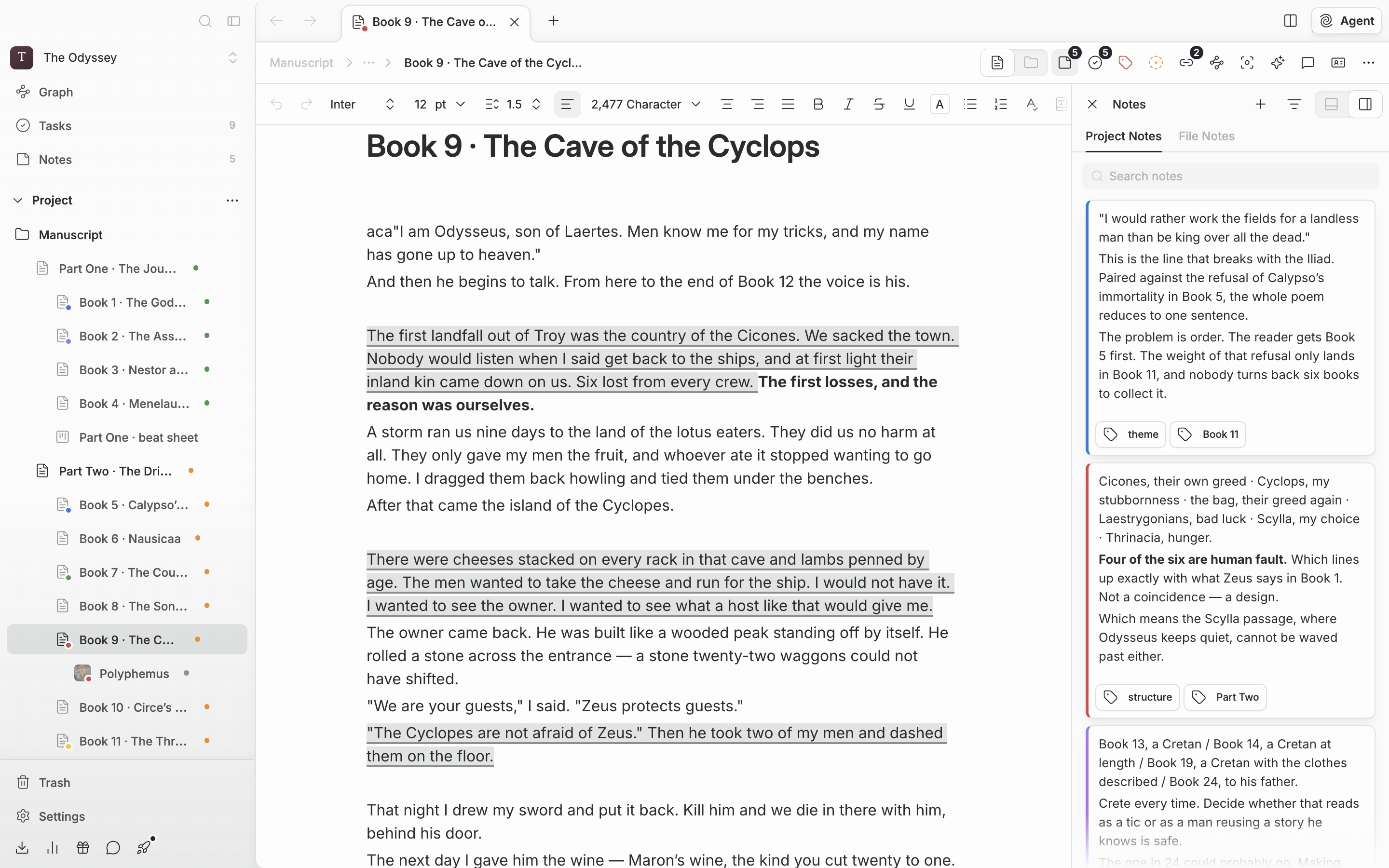 The Project Notes tab selected with four or five note cards in different colors stacked up. The filter dropdown is open, showing All, Color, and Tags.