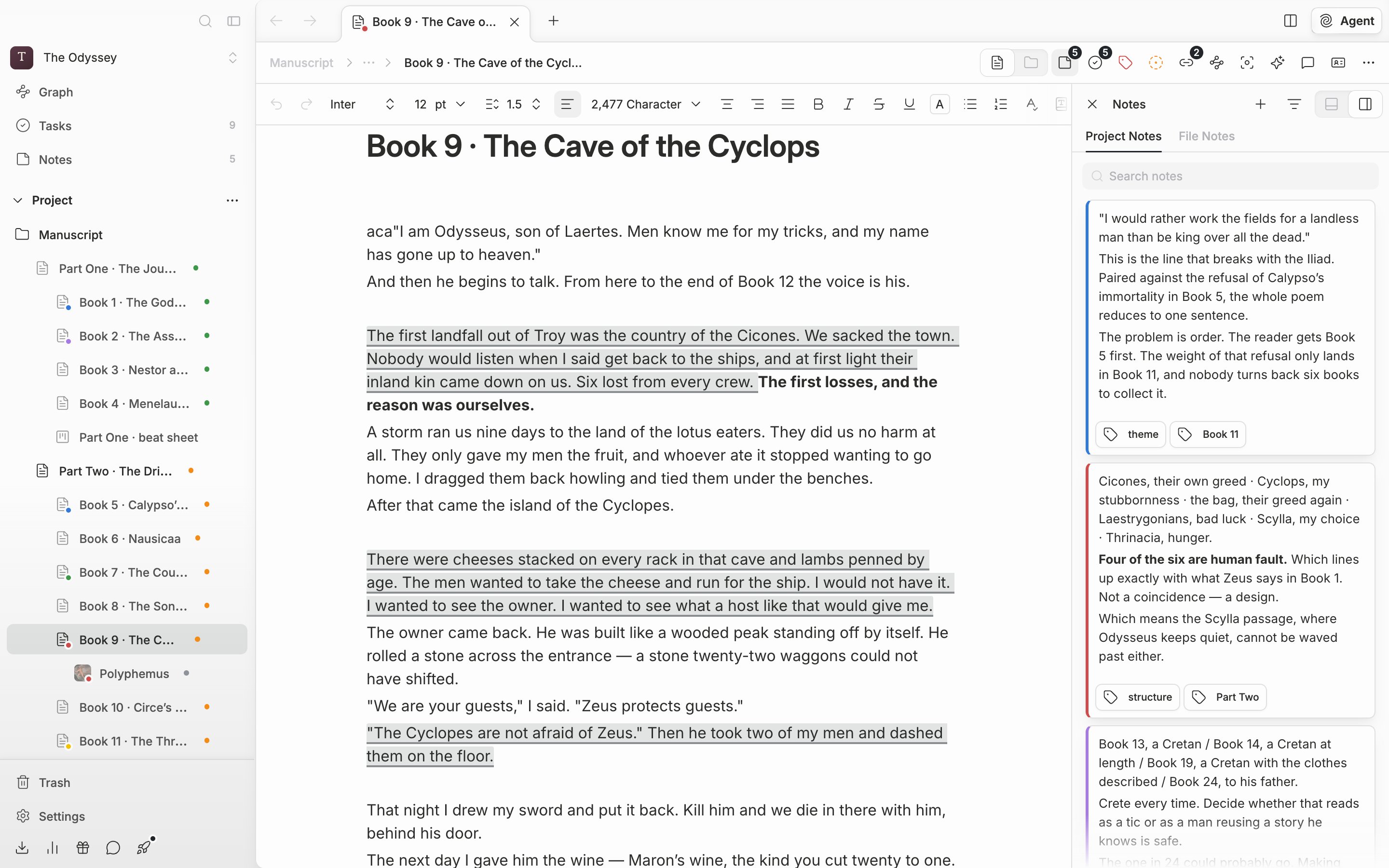 The Project Notes tab selected with four or five note cards in different colors stacked up. The filter dropdown is open, showing All, Color, and Tags.