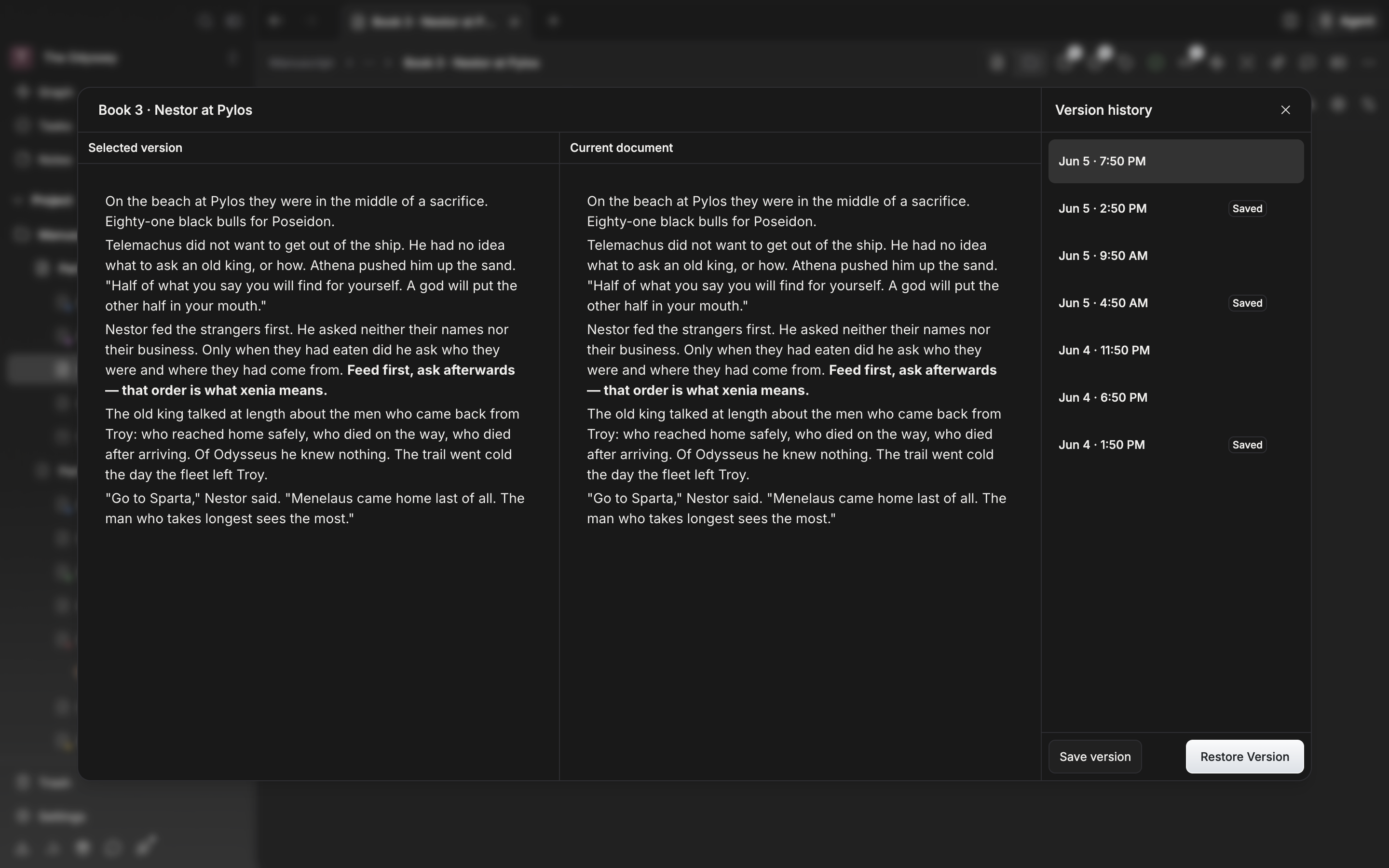 The version history window open. Five or six entries stacked in the list on the right, one of them carrying a “Saved” badge, with the body of the chosen version laid out in the preview on the left.