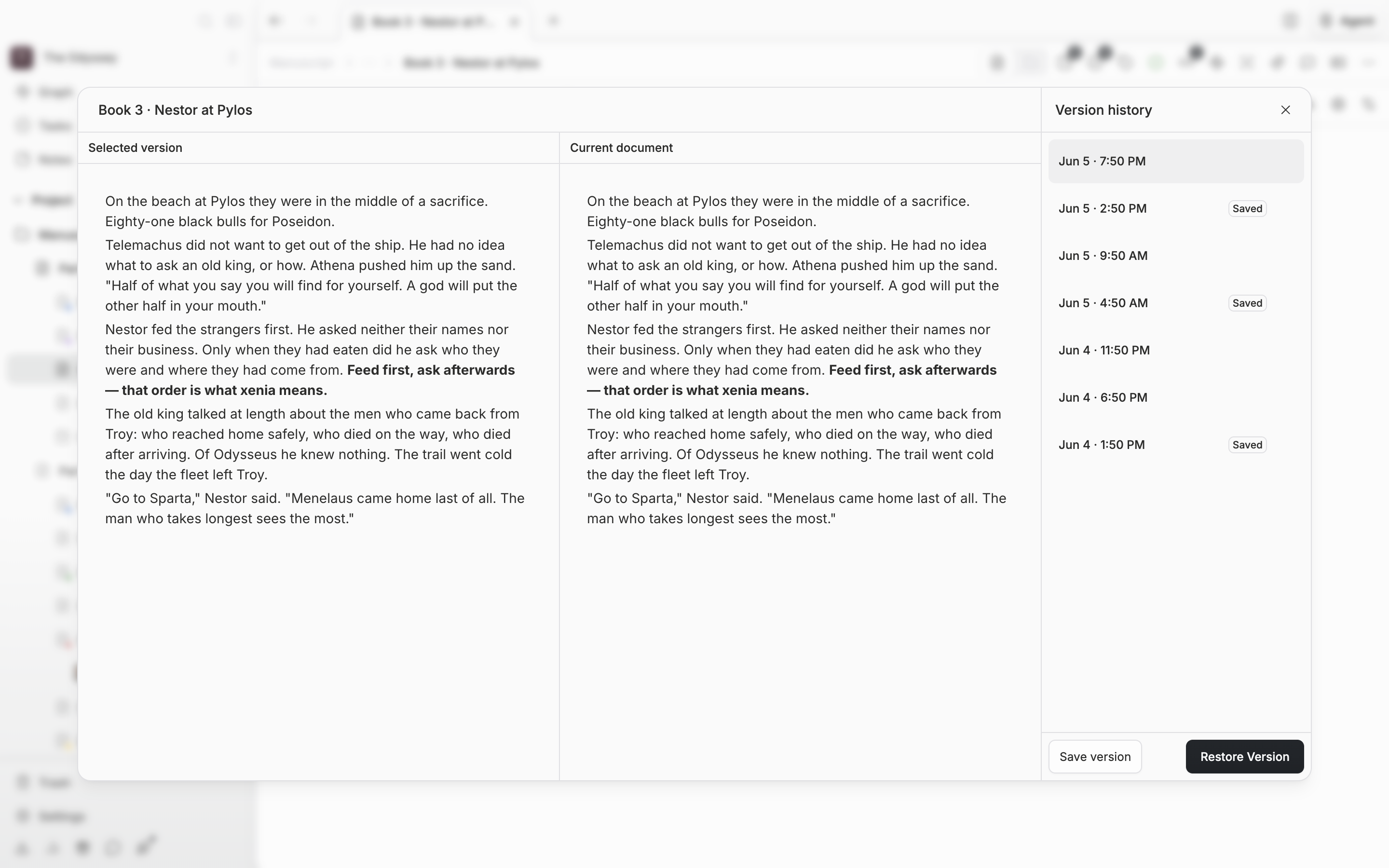 The version history window open. Five or six entries stacked in the list on the right, one of them carrying a “Saved” badge, with the body of the chosen version laid out in the preview on the left.
