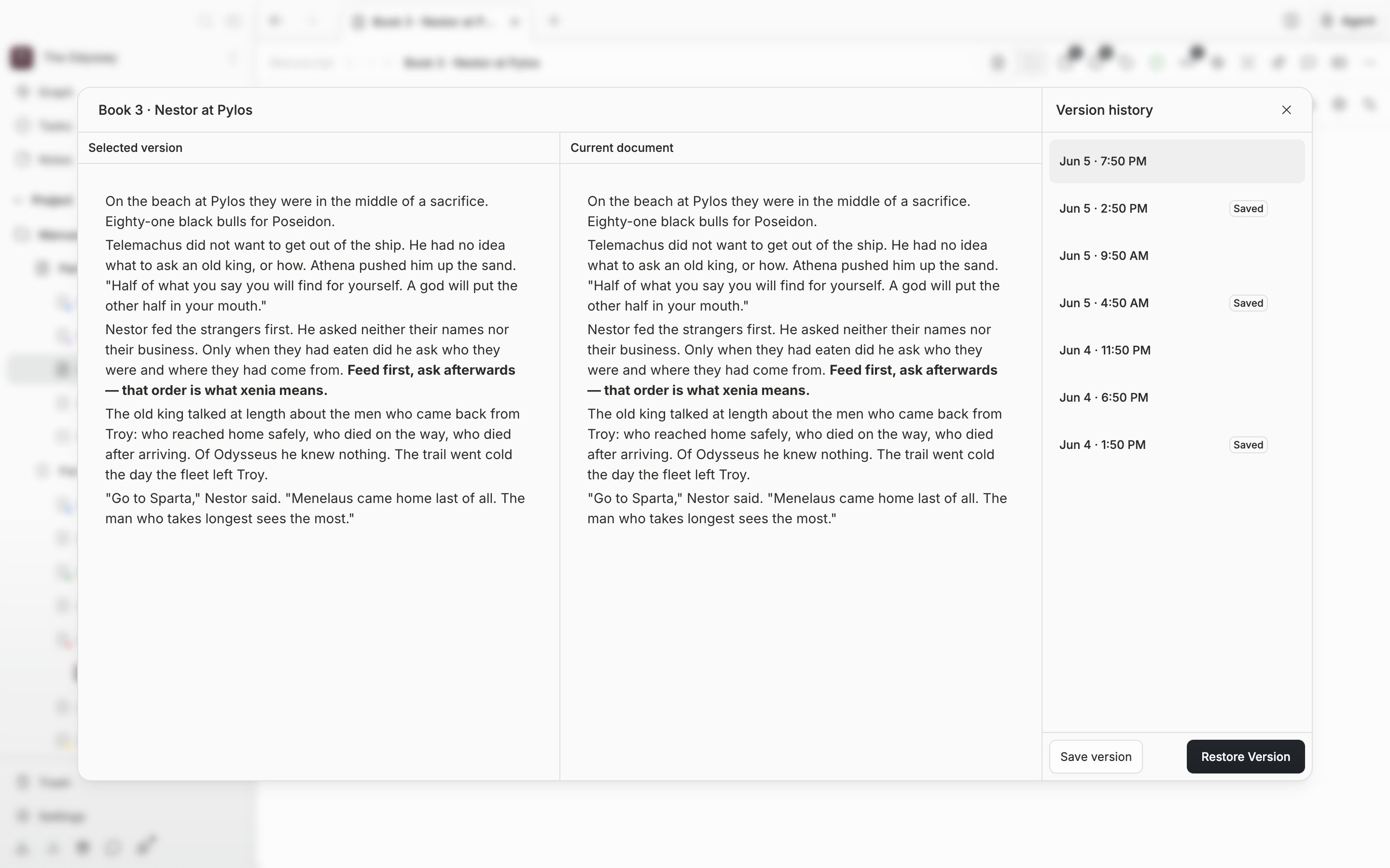 The version history window open. Five or six entries stacked in the list on the right, one of them carrying a “Saved” badge, with the body of the chosen version laid out in the preview on the left.