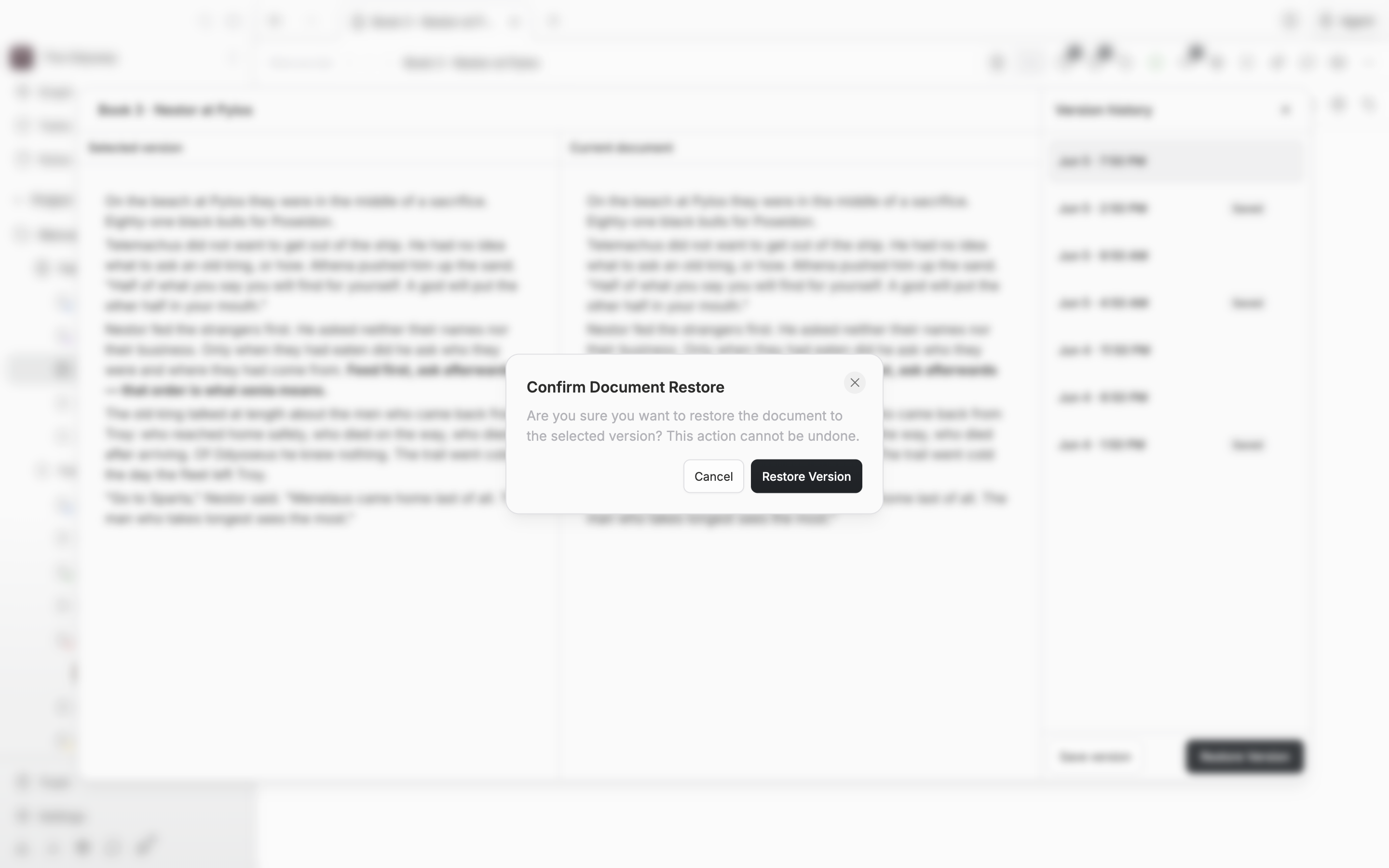 The “Confirm Document Restore” dialog over the version history window, with the message and the cancel and restore buttons visible.