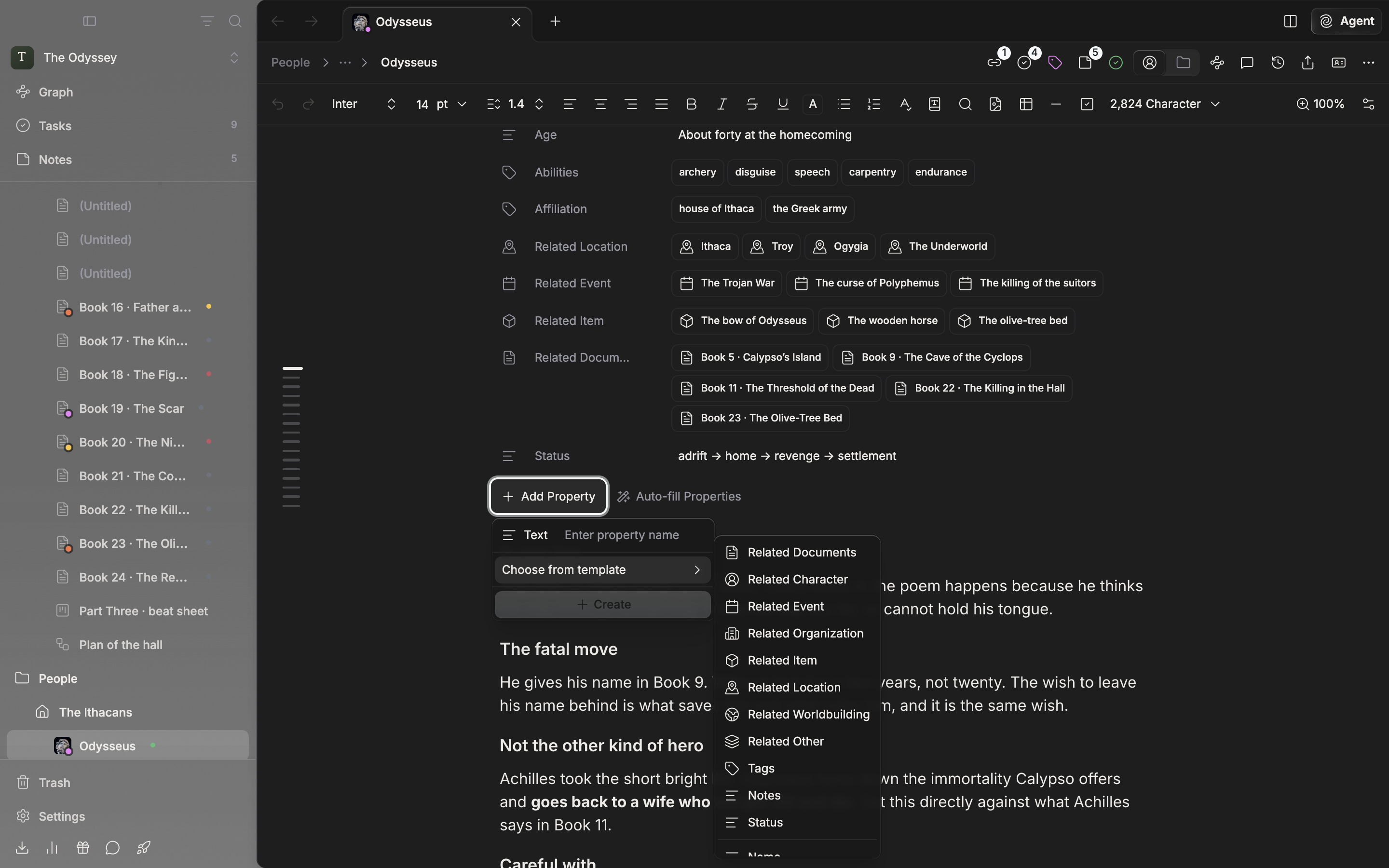 A character sheet with three or four properties filled in, the “Add Property” dropdown open, and the “Choose from template” submenu showing Name, English Name, Title, and so on.
