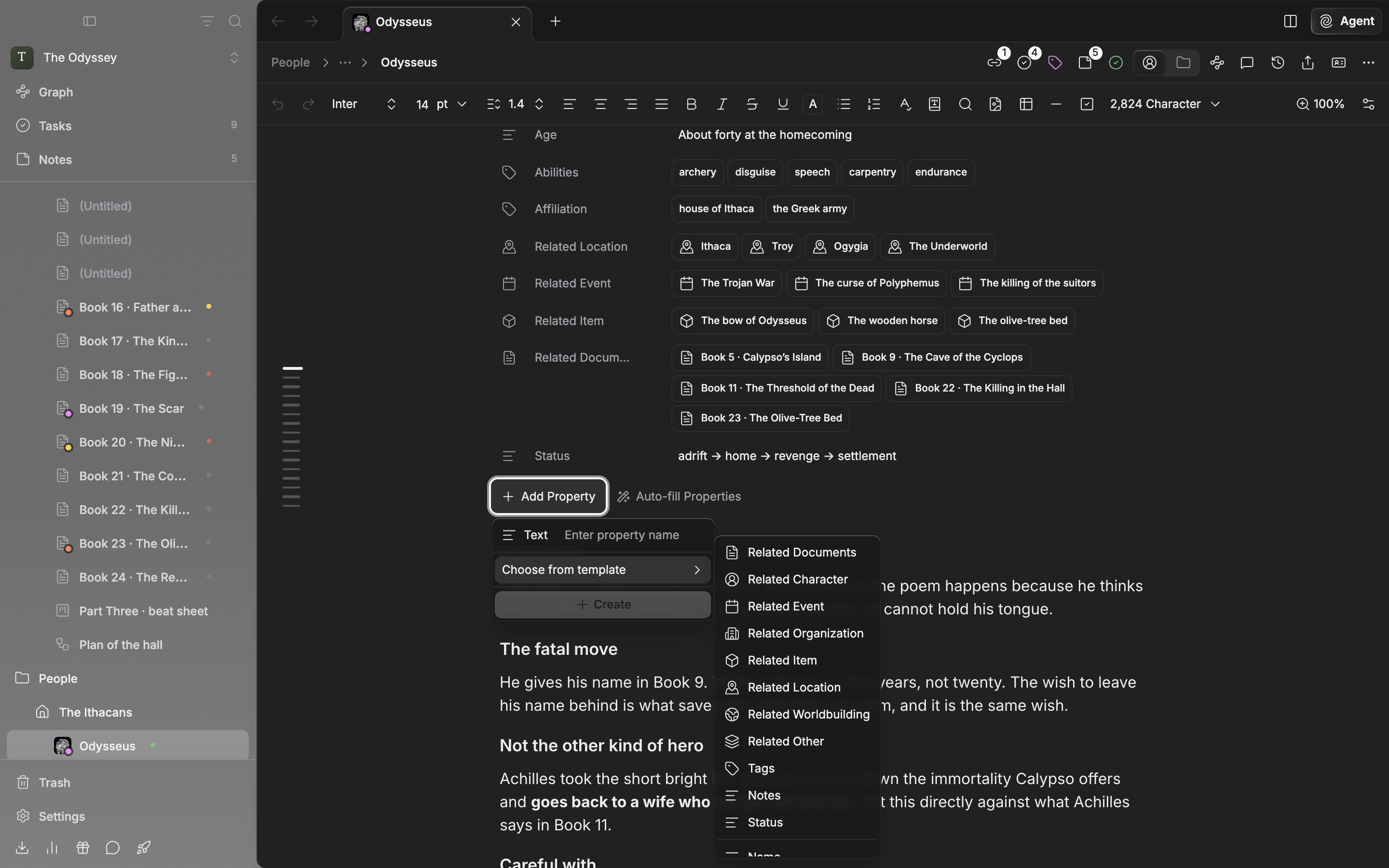 A character sheet with three or four properties filled in, the âAdd Propertyâ dropdown open, and the âChoose from templateâ submenu showing Name, English Name, Title, and so on.