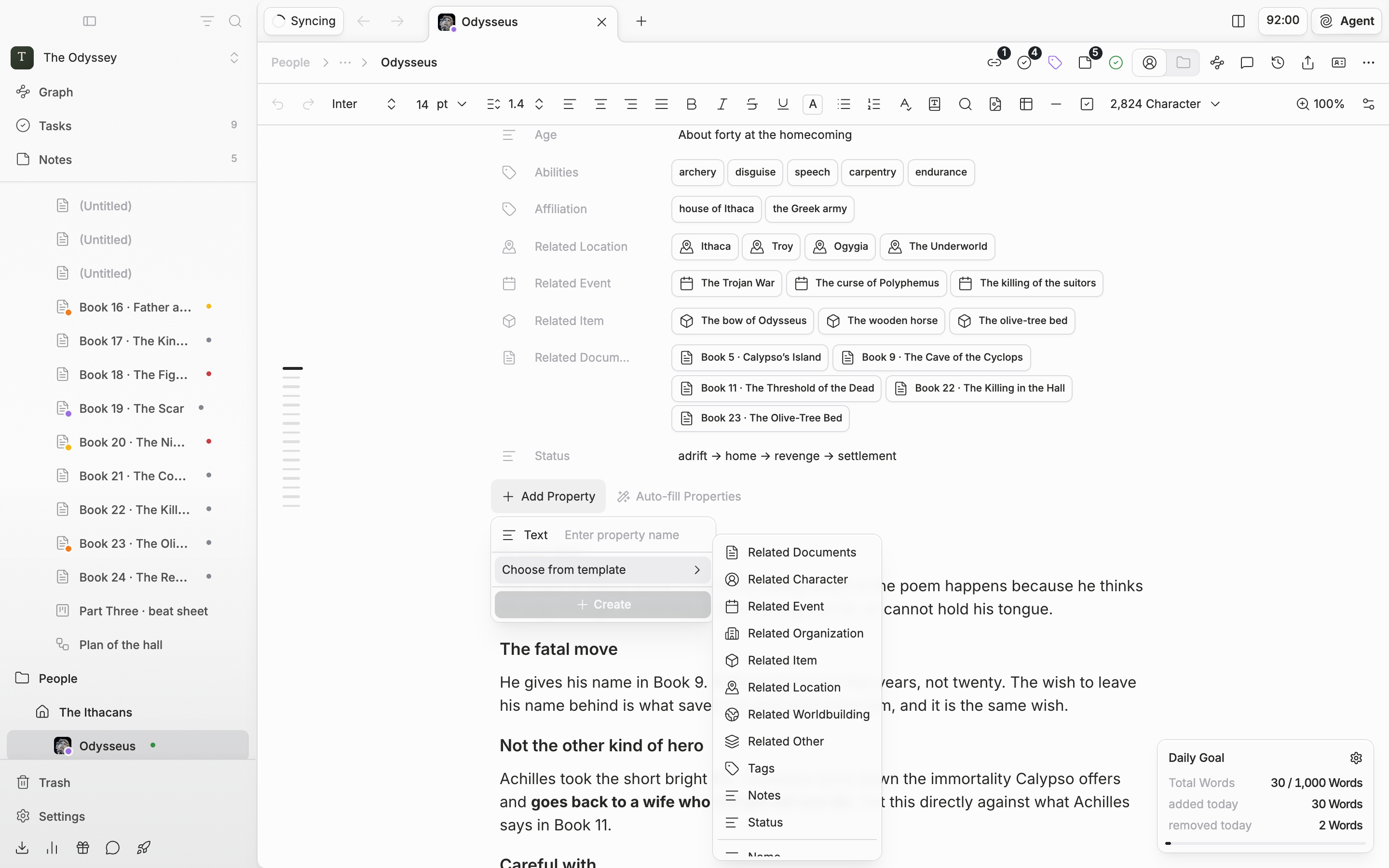 A character sheet with three or four properties filled in, the “Add Property” dropdown open, and the “Choose from template” submenu showing Name, English Name, Title, and so on.
