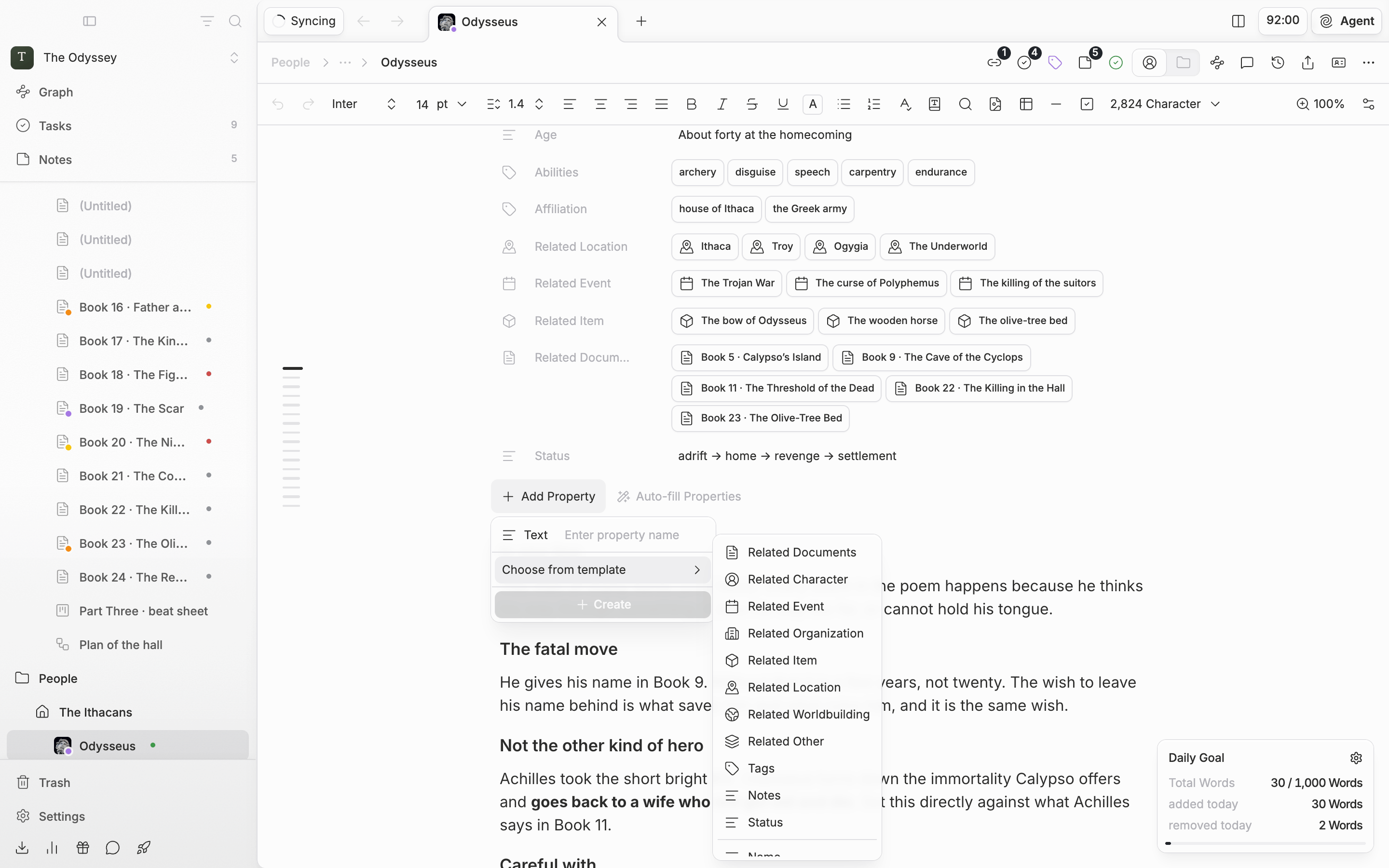 A character sheet with three or four properties filled in, the âAdd Propertyâ dropdown open, and the âChoose from templateâ submenu showing Name, English Name, Title, and so on.