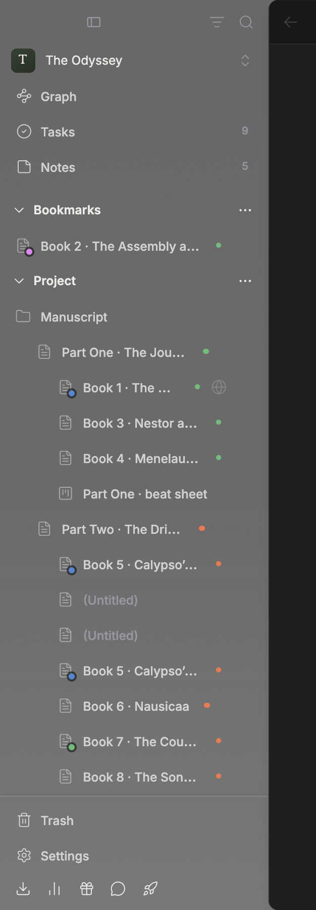 The sidebar alone. The Filter and Search icons at the top right, then the project name with Graph, Tasks, and Notes (Tasks and Notes with number badges), the Project section with its file tree, and Trash and Settings at the bottom, all in one frame.