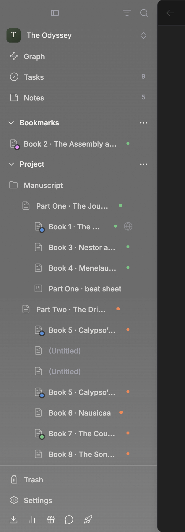 The sidebar alone. The Filter and Search icons at the top right, then the project name with Graph, Tasks, and Notes (Tasks and Notes with number badges), the Project section with its file tree, and Trash and Settings at the bottom, all in one frame.